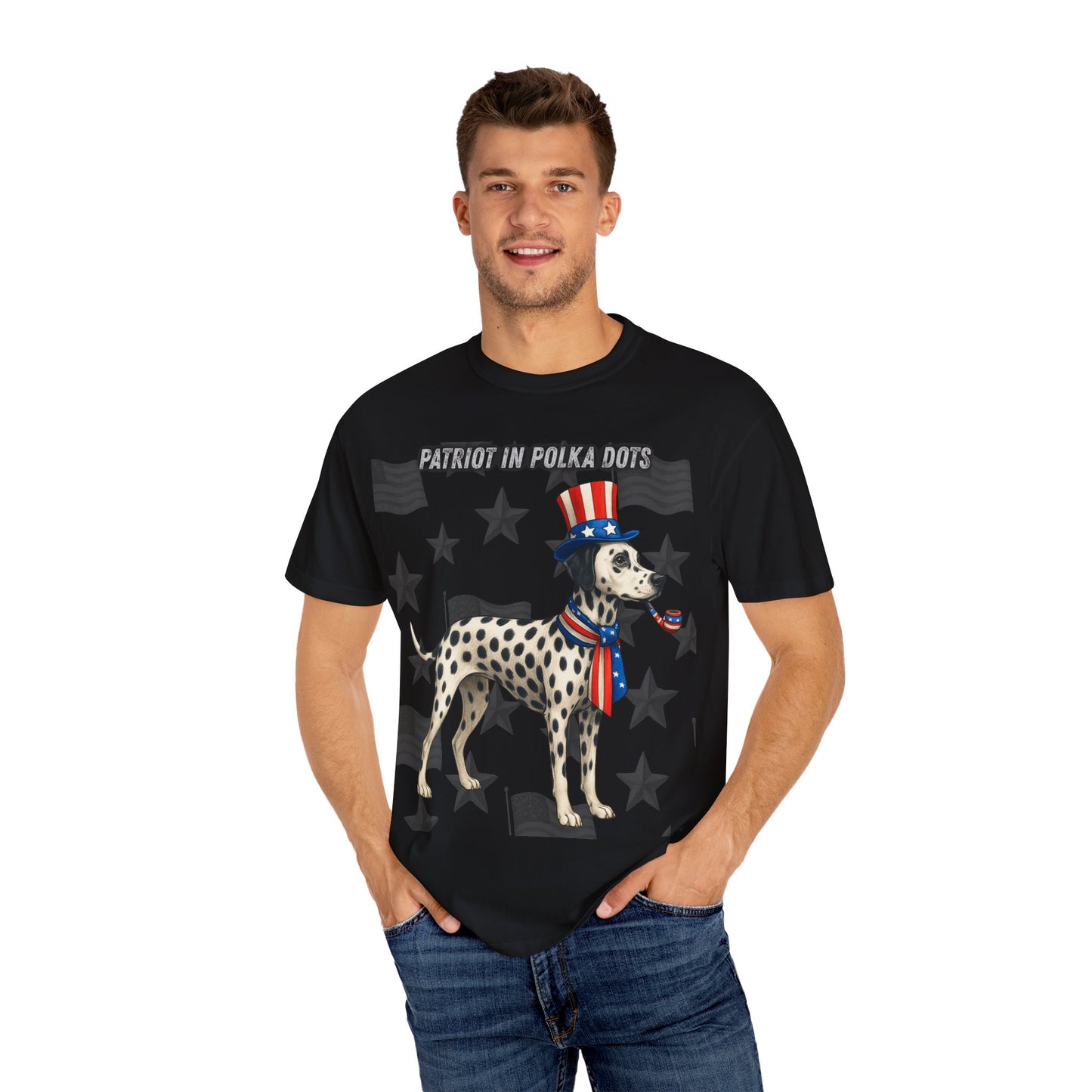 Dolmatian Patriotic Unisex T-Shirt - 4th of July Funny Dog Shirt -USA Flag - American Pride Pet Tee Great Gift