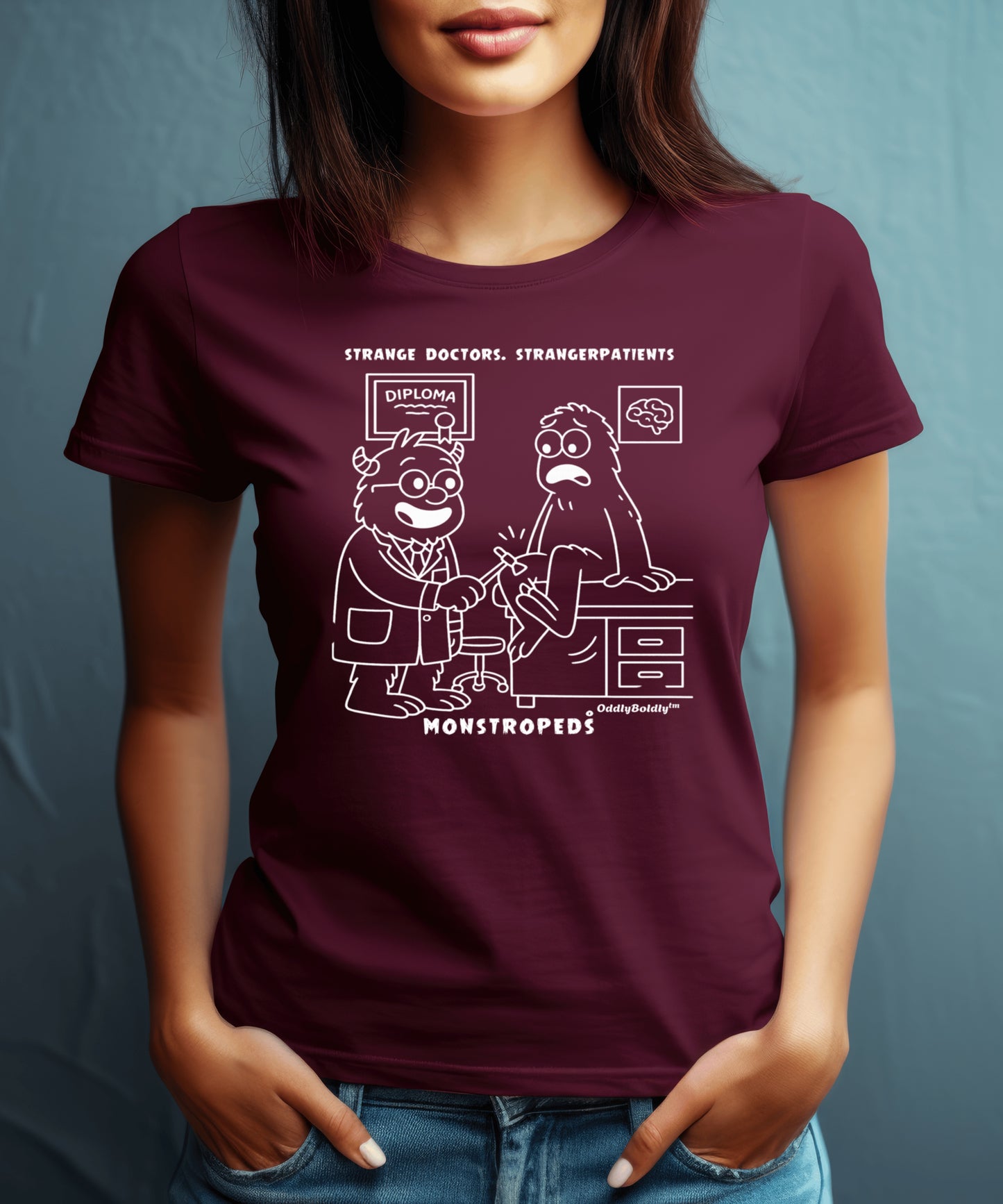 Funny T-Shirt for Medical Pros Monstropeds™ in Scrubs Testing Reflexes on a Confused Patient -Cartoon Doctor Humor Unisex T-Shirt forAdults