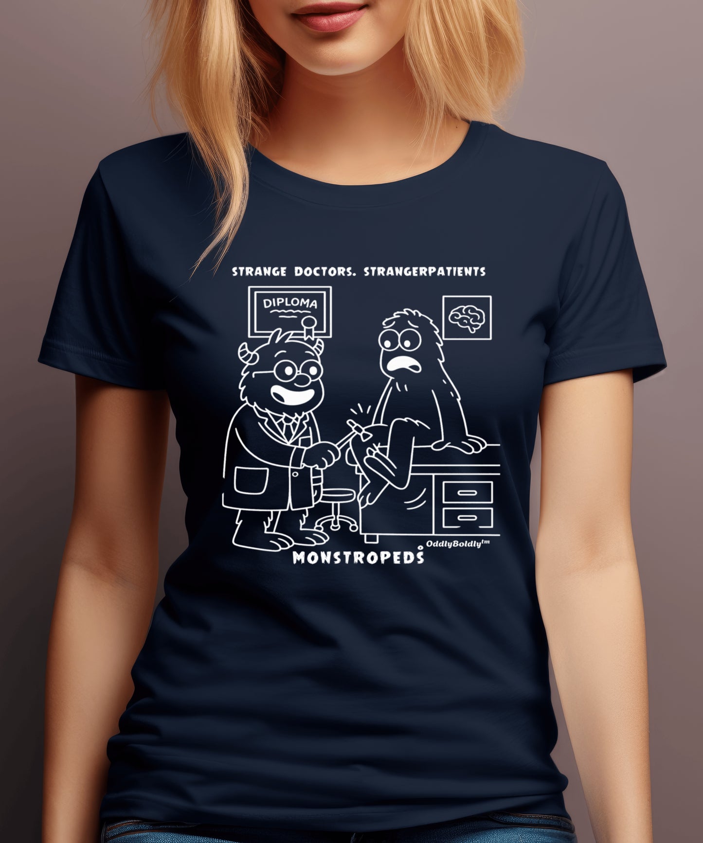 Funny T-Shirt for Medical Pros Monstropeds™ in Scrubs Testing Reflexes on a Confused Patient -Cartoon Doctor Humor Unisex T-Shirt forAdults