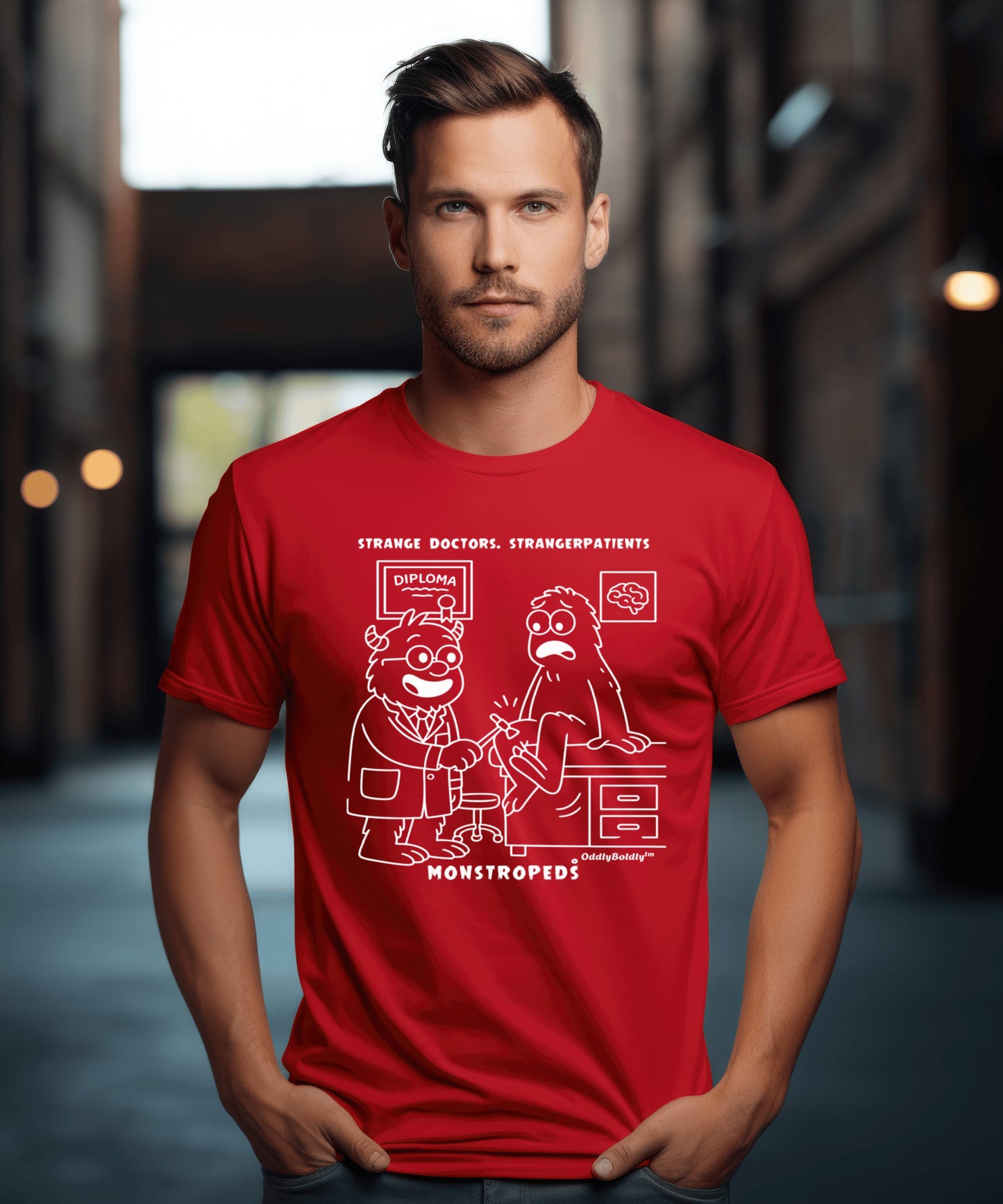 Funny T-Shirt for Medical Pros Monstropeds™ in Scrubs Testing Reflexes on a Confused Patient -Cartoon Doctor Humor Unisex T-Shirt forAdults
