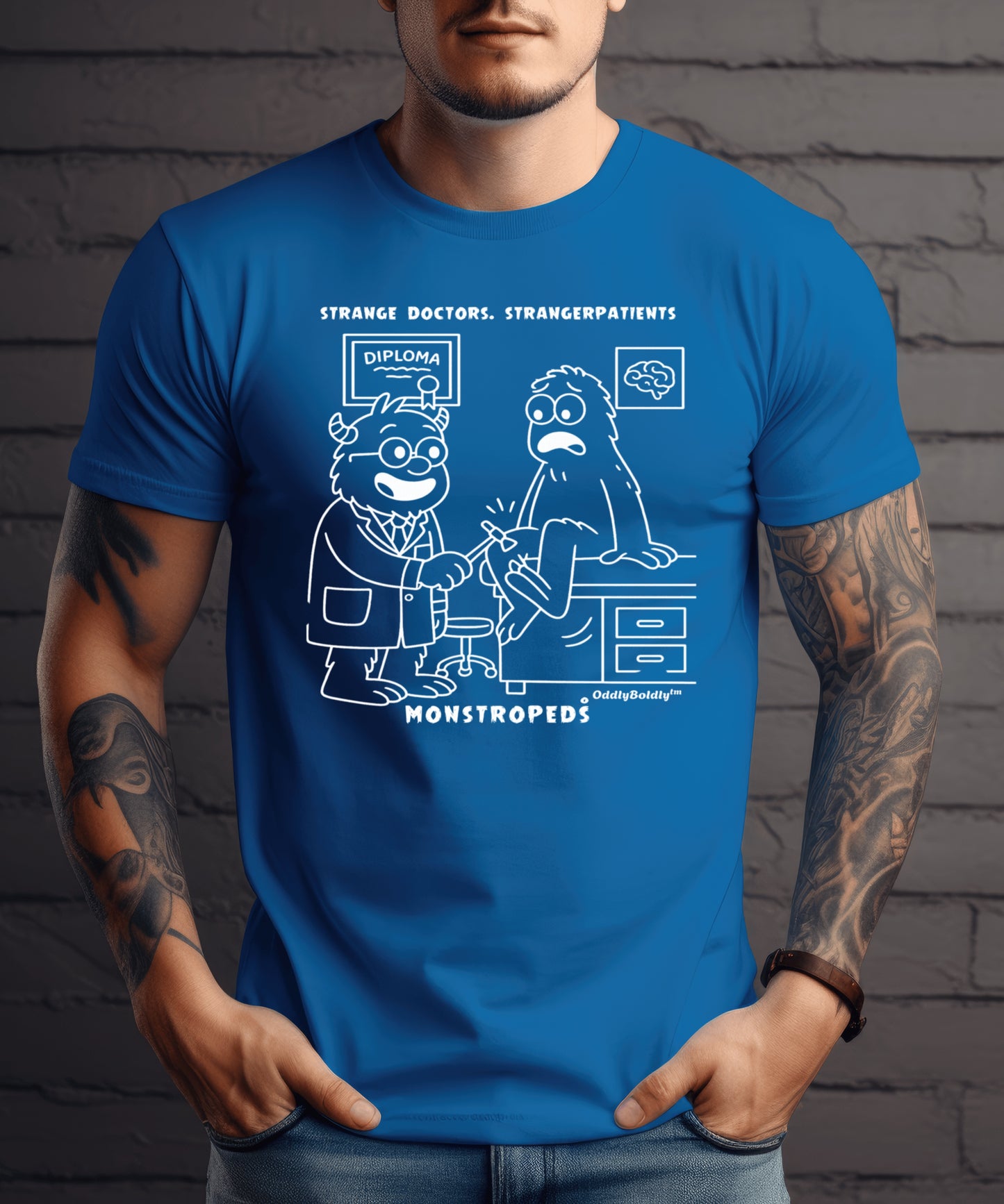Funny T-Shirt for Medical Pros Monstropeds™ in Scrubs Testing Reflexes on a Confused Patient -Cartoon Doctor Humor Unisex T-Shirt forAdults