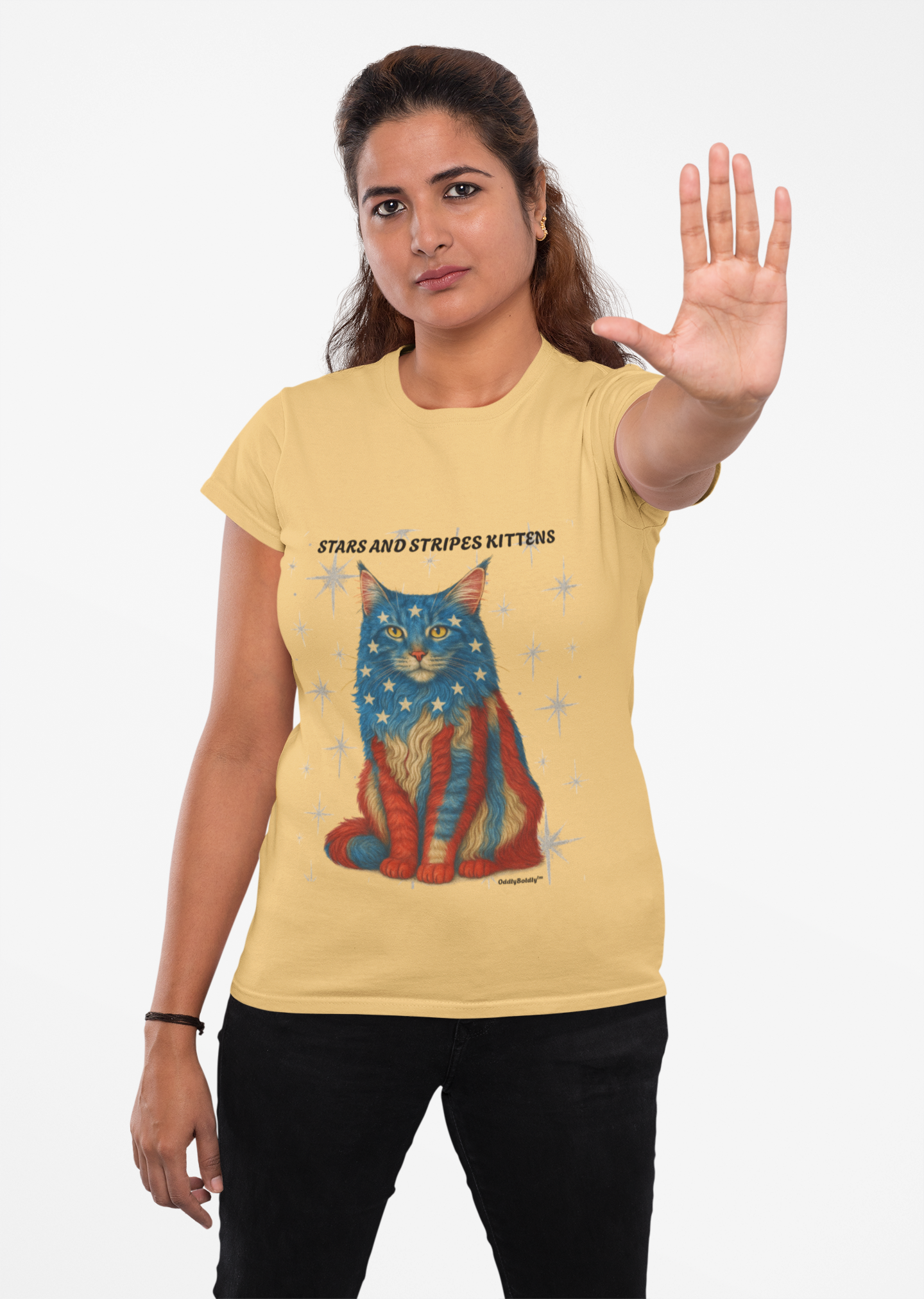 Stars and Stripes Cat Unisex T-Shirt Funny USA Flag Kitty Graphic Tee Patriotic Cat Shirt for 4th of July Maine Coon Style Cat Lover Gift