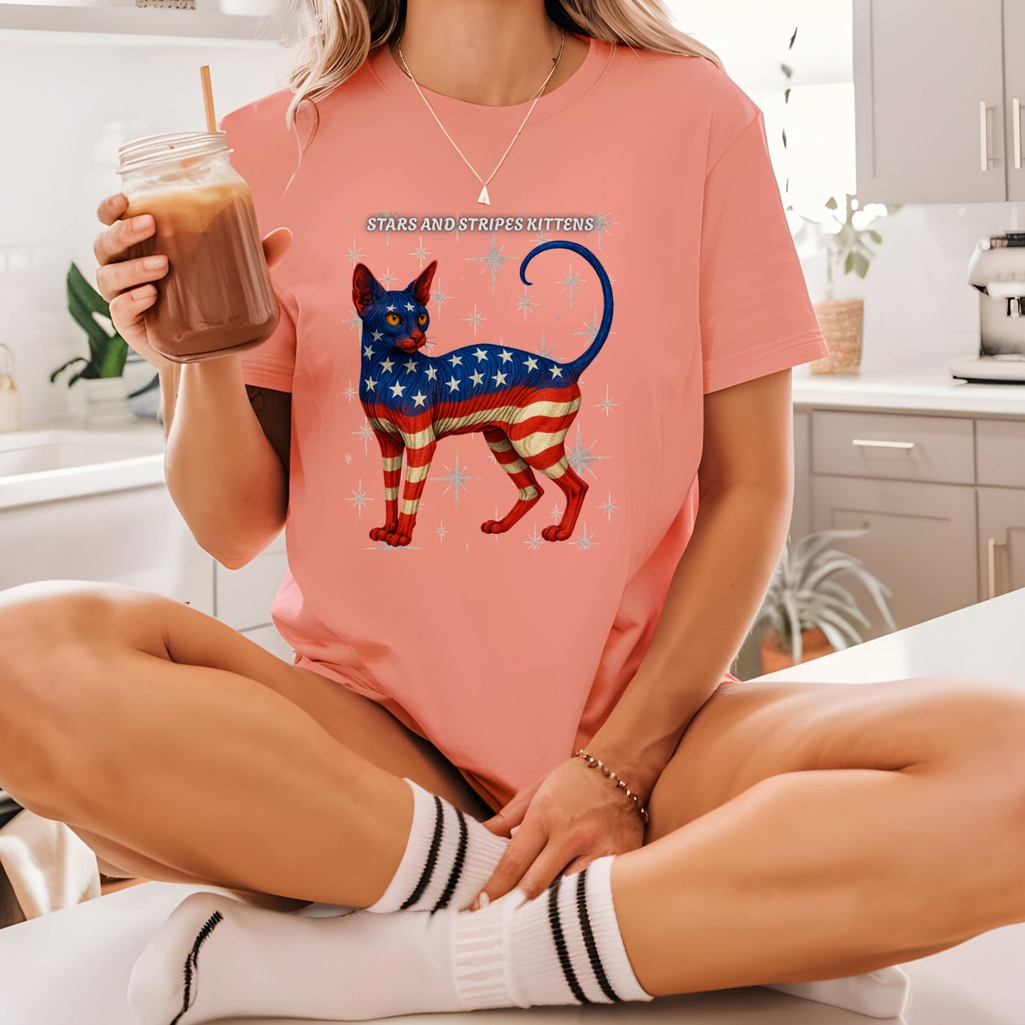 Stars and Stripes Cat Unisex Tee Funny USA Flag Kitty Graphic Tee Patriotic Cat Shirt for 4th of July Sphynx Cat Lovers Gift