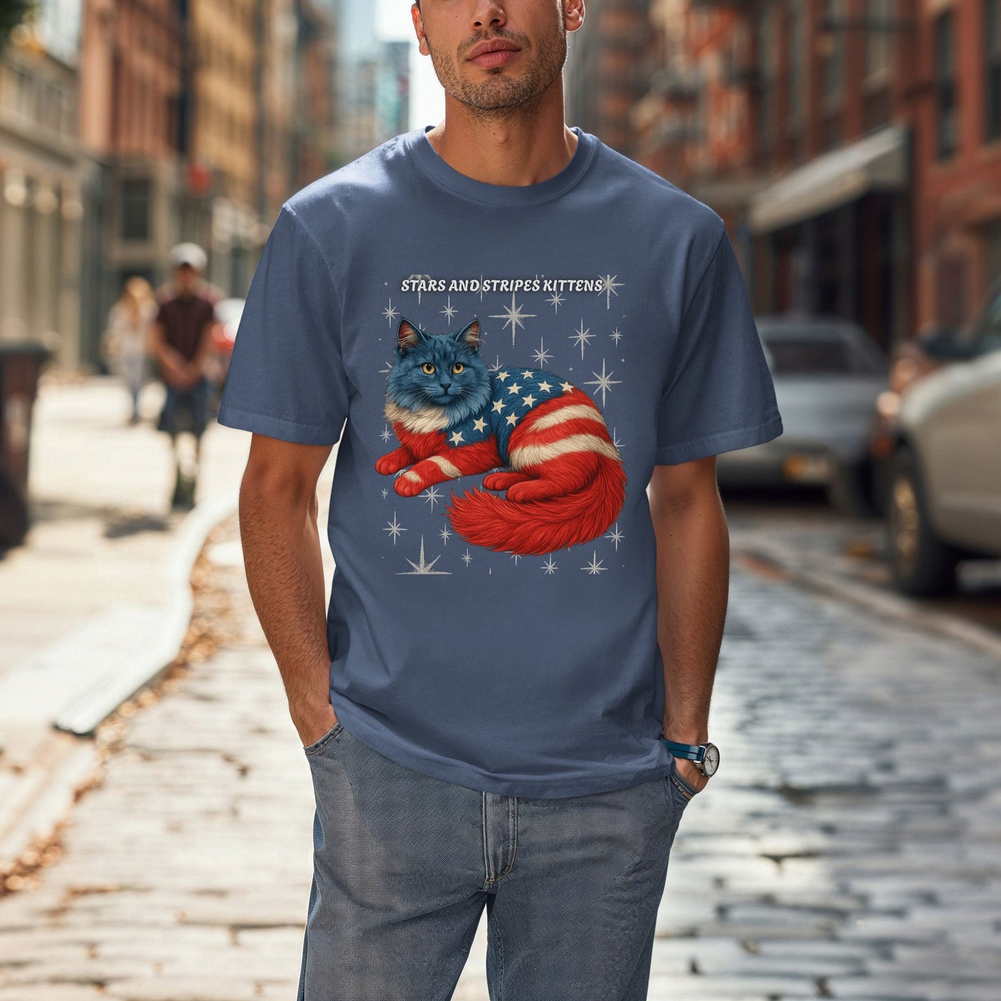 Stars and Stripes Cat Unisex Tee Funny USA Flag Kitty Graphic Tee Patriotic Cat Shirt for 4th of July Ragdoll Cat Lovers Gift