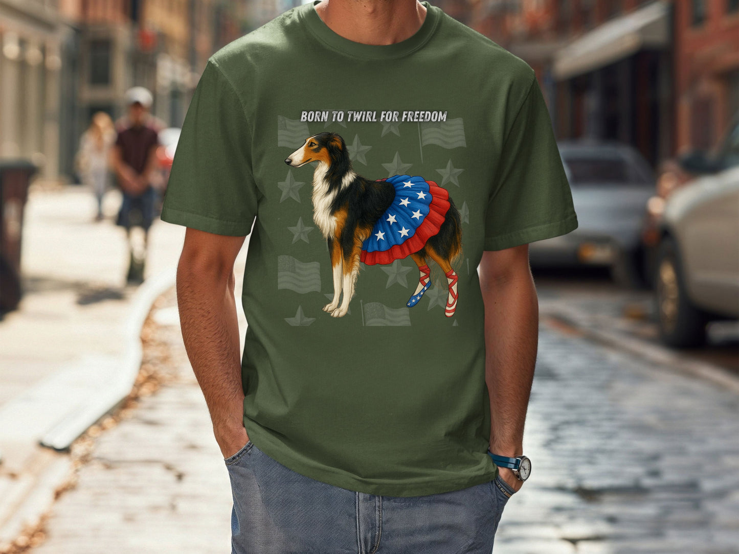 Russian Borzoi Patriotic Unisex T-Shirt - 4th of July Funny Dog Shirt -USA Flag - American Pride Pet Tee
