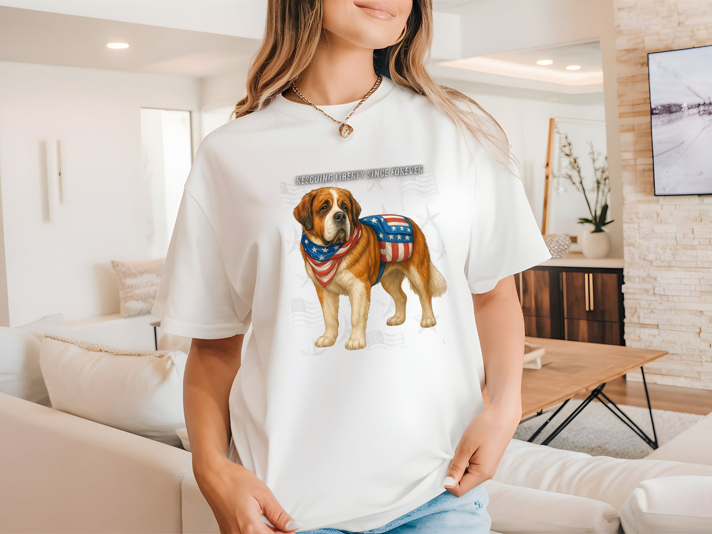 Saint Bernard Patriotic Unisex T-Shirt - 4th of July Funny Dog Shirt -USA Flag - American Pride Pet Tee Great Gift