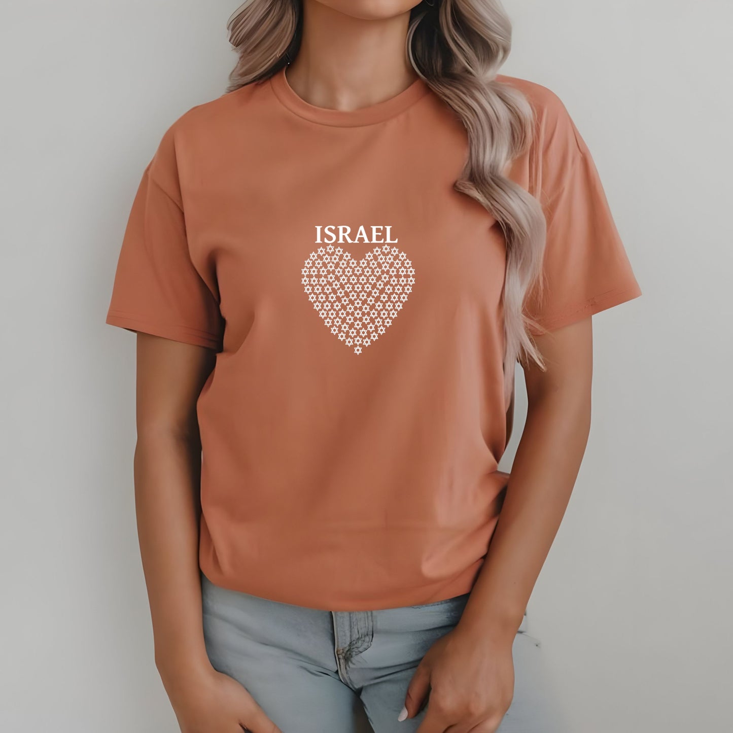 Heart of Israel - Star Heart Unisex Shirt - Patriotic Blue Lettering Design-Support Israel Apparel - Stars of David Tee -Stand with Israel