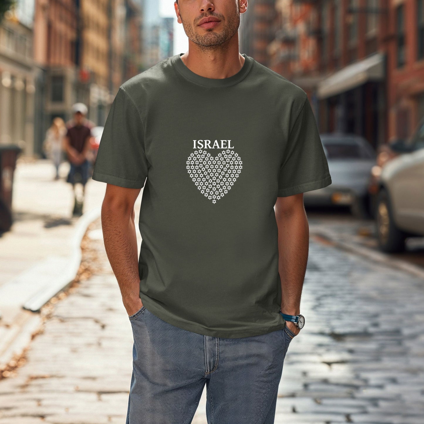 Heart of Israel - Star Heart Unisex Shirt - Patriotic Blue Lettering Design-Support Israel Apparel - Stars of David Tee -Stand with Israel
