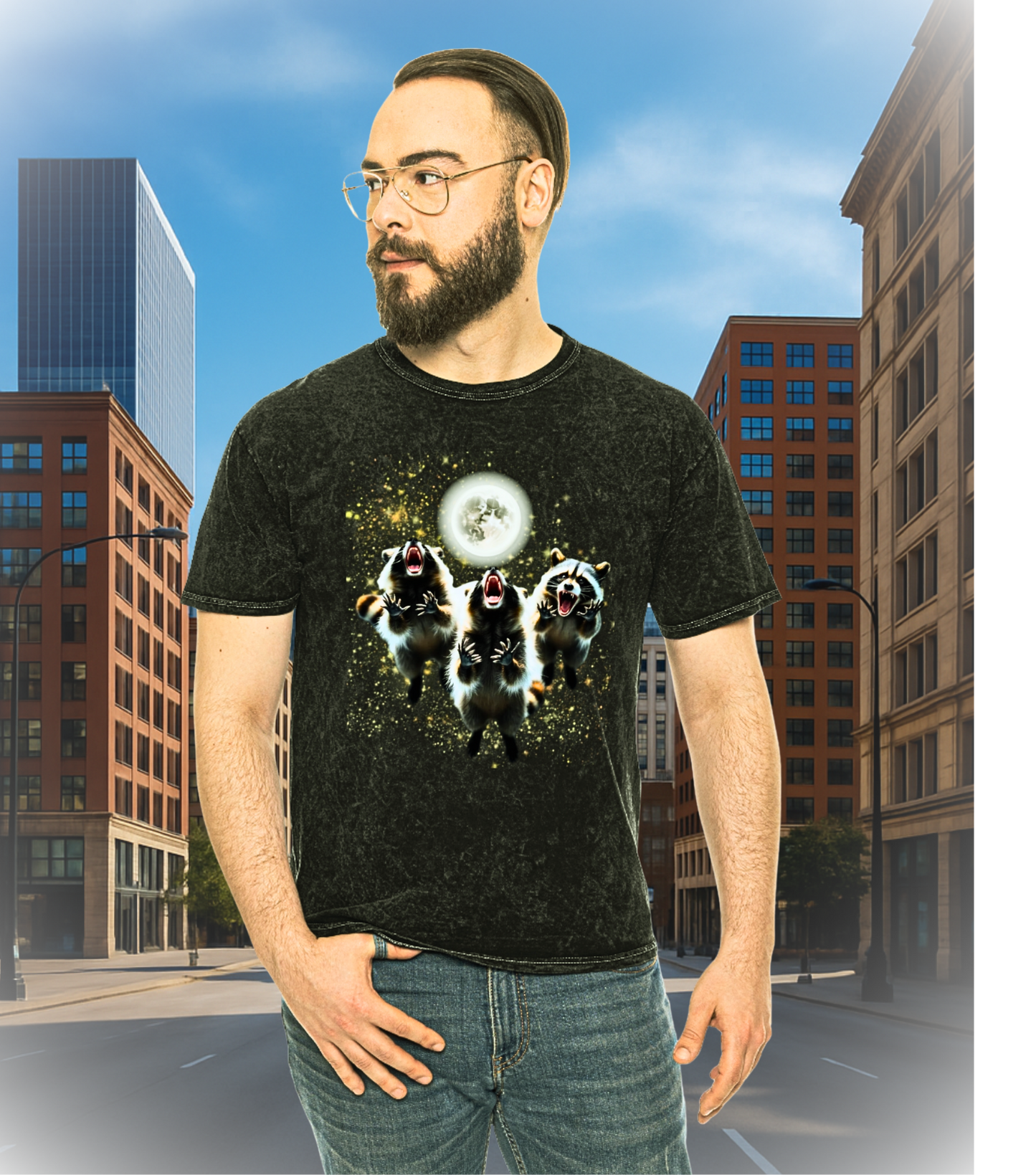 Three Raccoons Howling at the Moon-Midnight Raccoon Cult Tee,Full Moon Party Animal T-shirt, Silly Nature Lover Gift Washed Cotton Tee