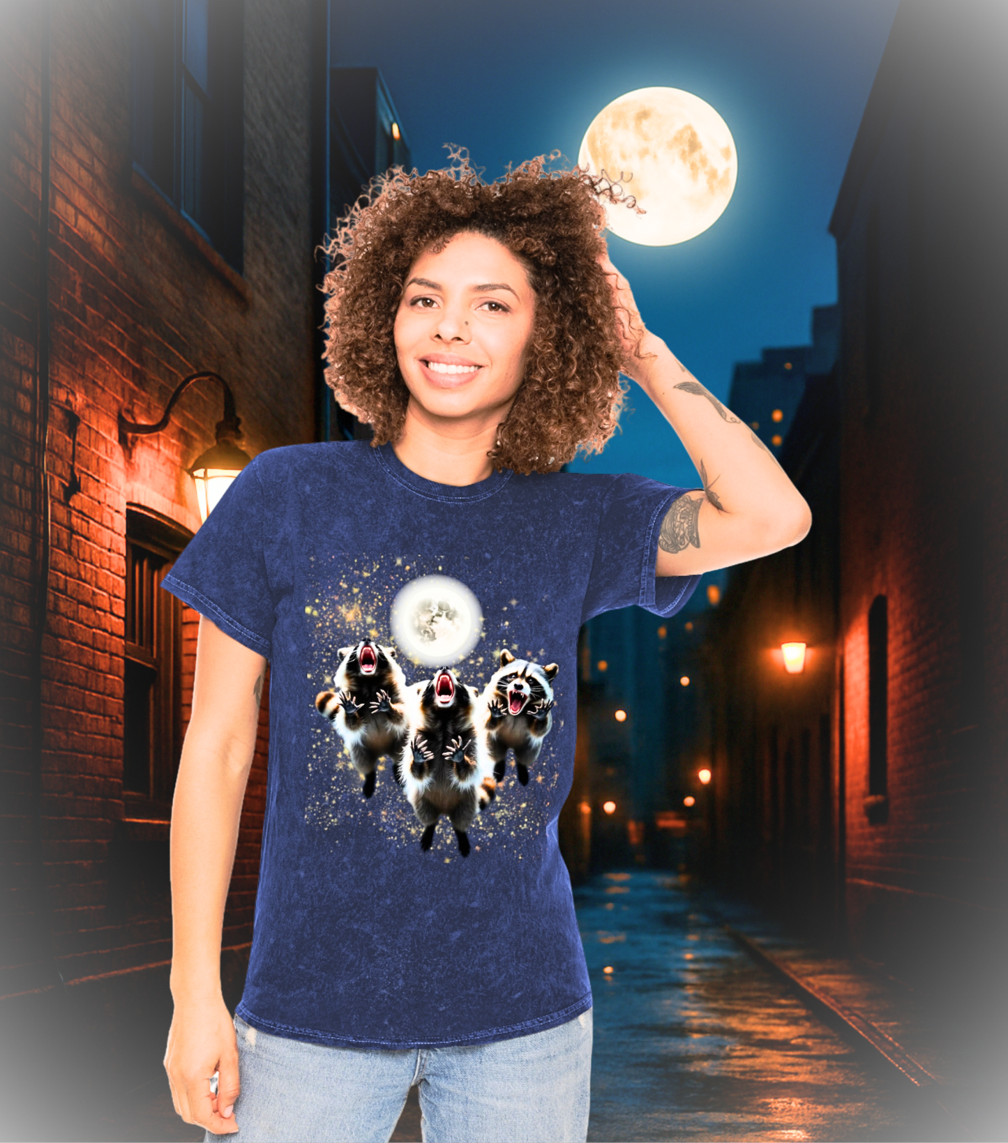 Three Raccoons Howling at the Moon-Midnight Raccoon Cult Tee,Full Moon Party Animal T-shirt, Silly Nature Lover Gift Washed Cotton Tee