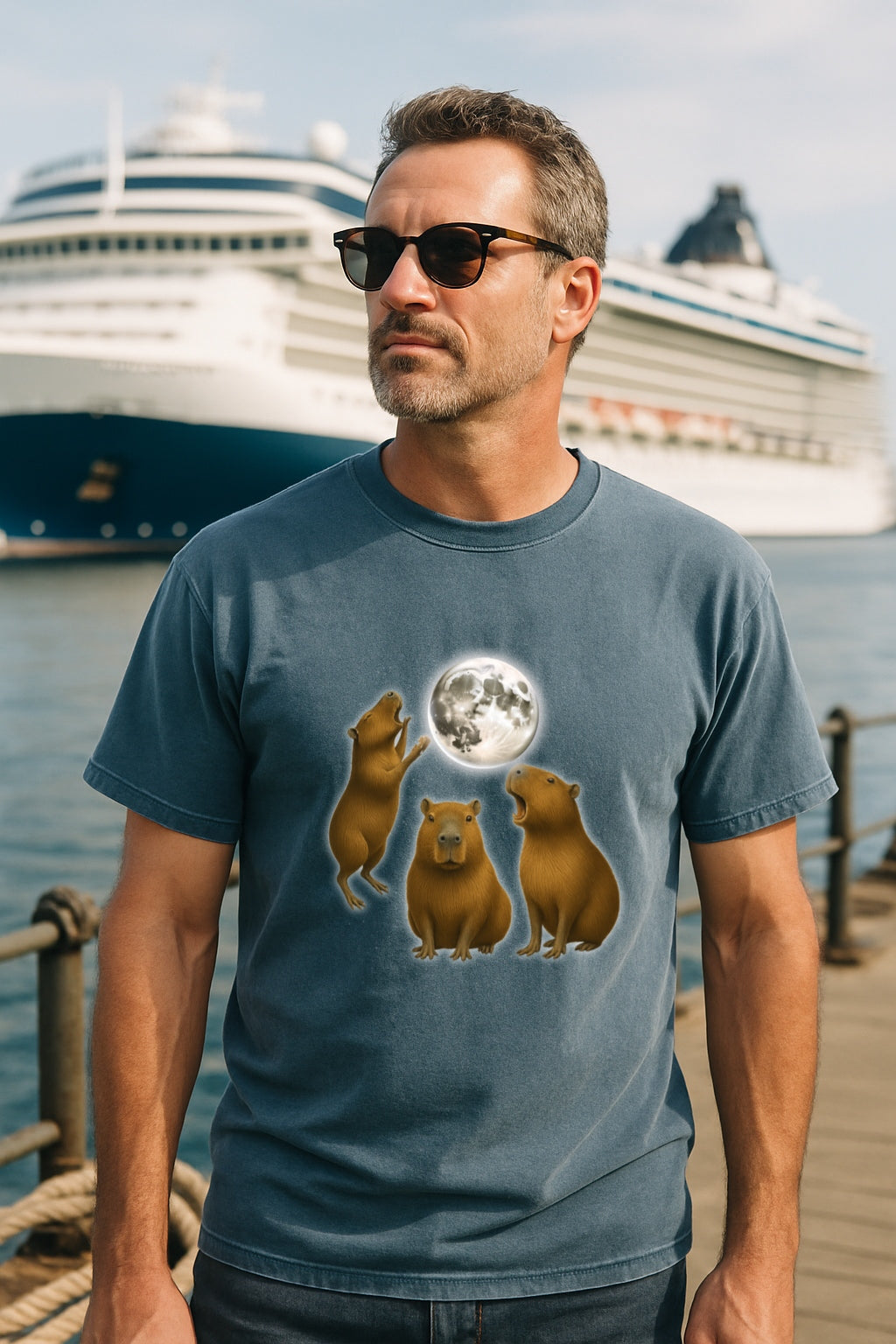 Moonlit Capybara Graphic T-Shirt - Three Capybaras Howling at the Moon T-Shirt -Unisex Comfort Colors™ Washed Tee