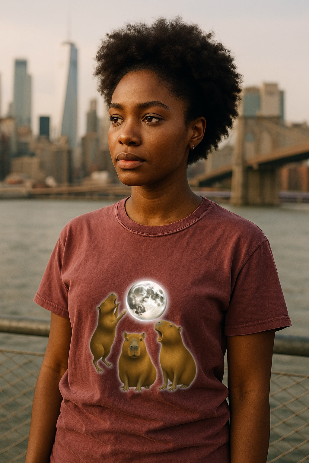 Moonlit Capybara Graphic T-Shirt - Three Capybaras Howling at the Moon T-Shirt -Unisex Comfort Colors™ Washed Tee