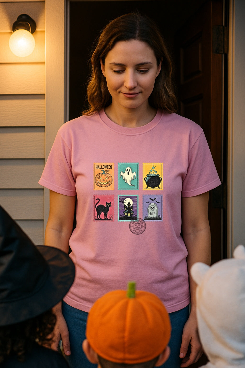 Unisex Garment-Dyed T-shirt,Halloween Cute Ghost Postal Stamps Pumpkin Cat Shirt, Cute Ghost Shirt, Retro Ghost Tee, Women's Halloween Shirt