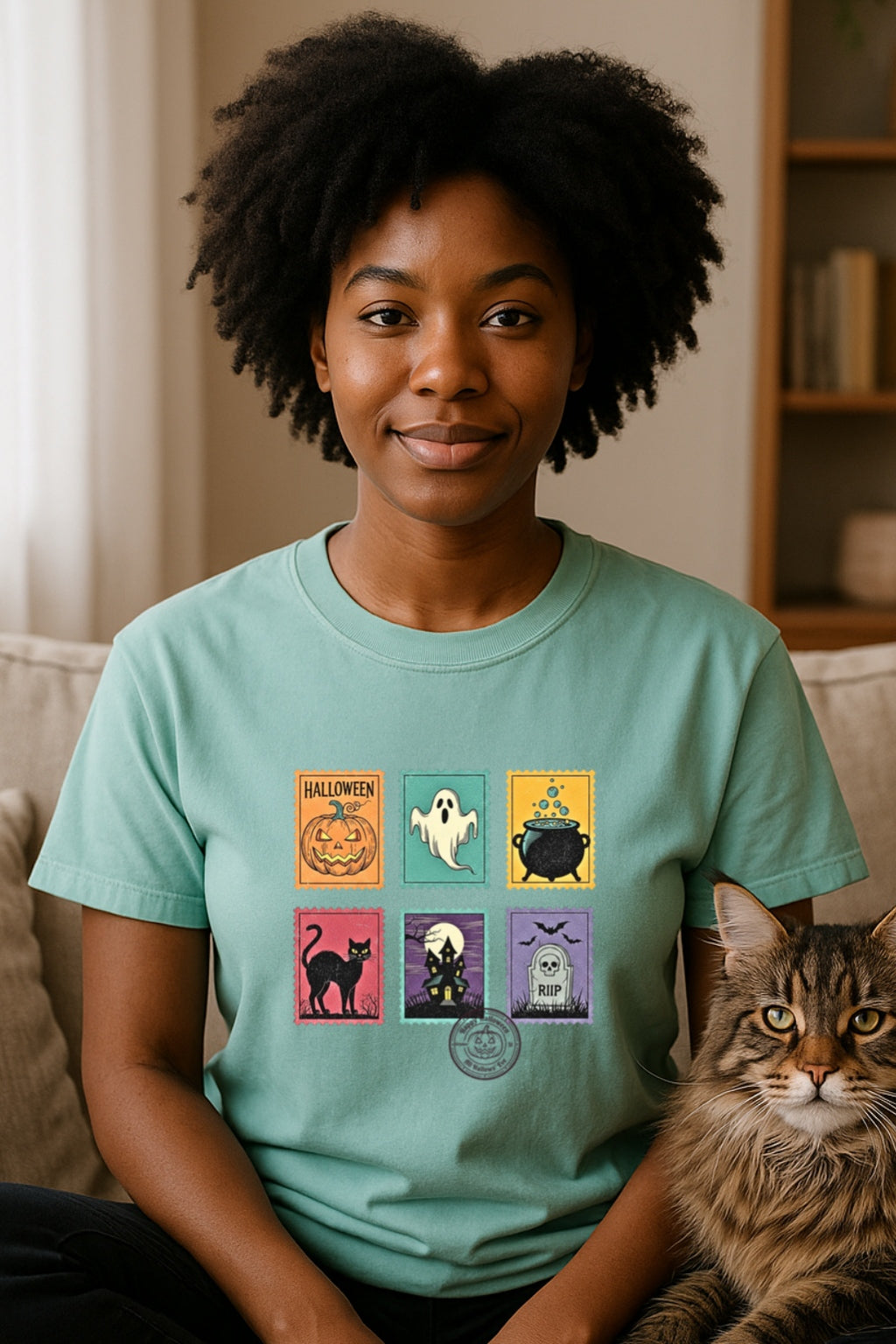 Unisex Garment-Dyed T-shirt,Halloween Cute Ghost Postal Stamps Pumpkin Cat Shirt, Cute Ghost Shirt, Retro Ghost Tee, Women's Halloween Shirt