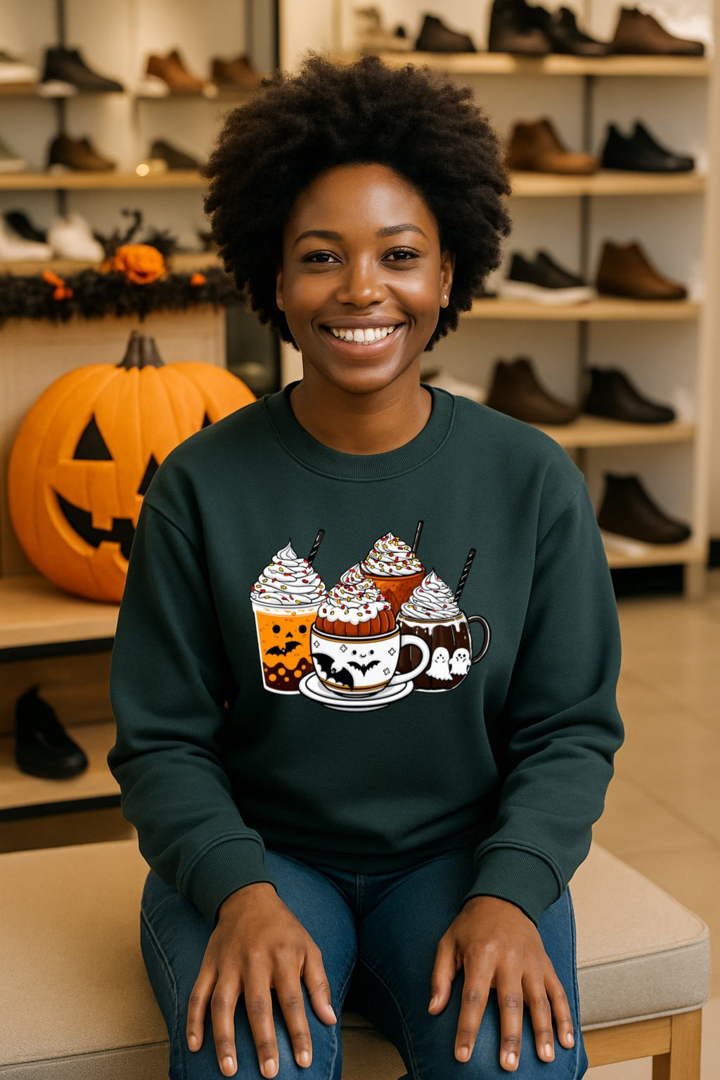 Cute Spooky Halloween Coffee Sweatshirt - Ghost Cocoa, Pumpkin Latte & Bat Mug - Cozy Fall Gildan 18000 Crewneck, Pumpkin Spice Sweater,