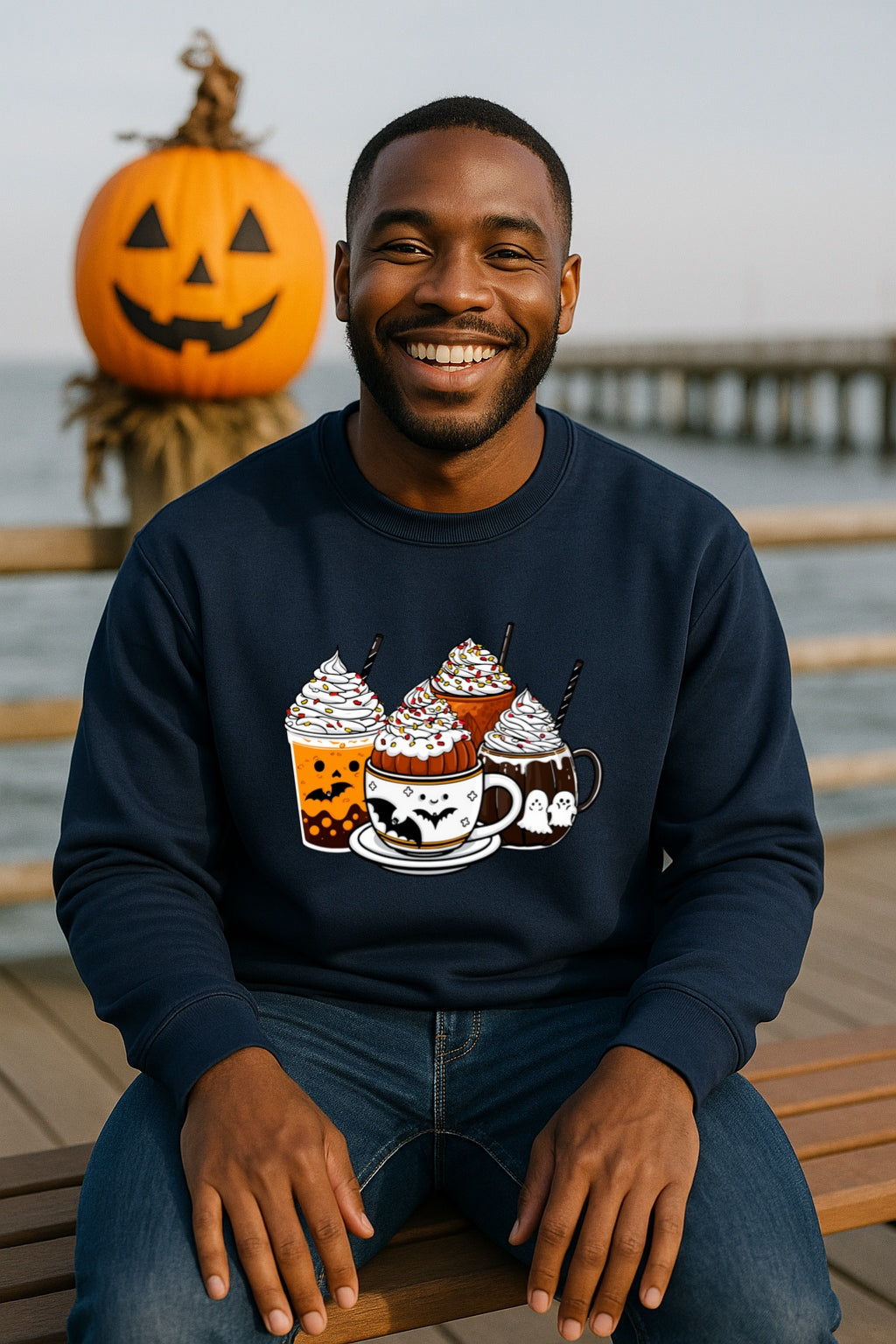 Cute Spooky Halloween Coffee Sweatshirt - Ghost Cocoa, Pumpkin Latte & Bat Mug - Cozy Fall Gildan 18000 Crewneck, Pumpkin Spice Sweater,