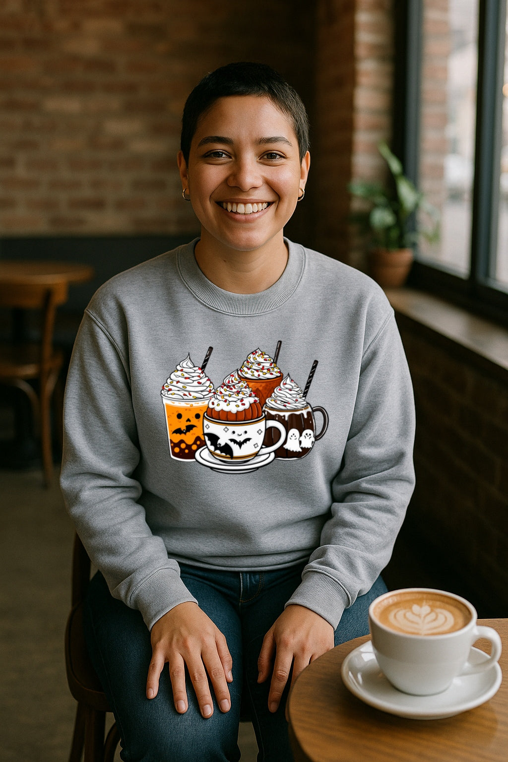 Cute Spooky Halloween Coffee Sweatshirt - Ghost Cocoa, Pumpkin Latte & Bat Mug - Cozy Fall Gildan 18000 Crewneck, Pumpkin Spice Sweater,