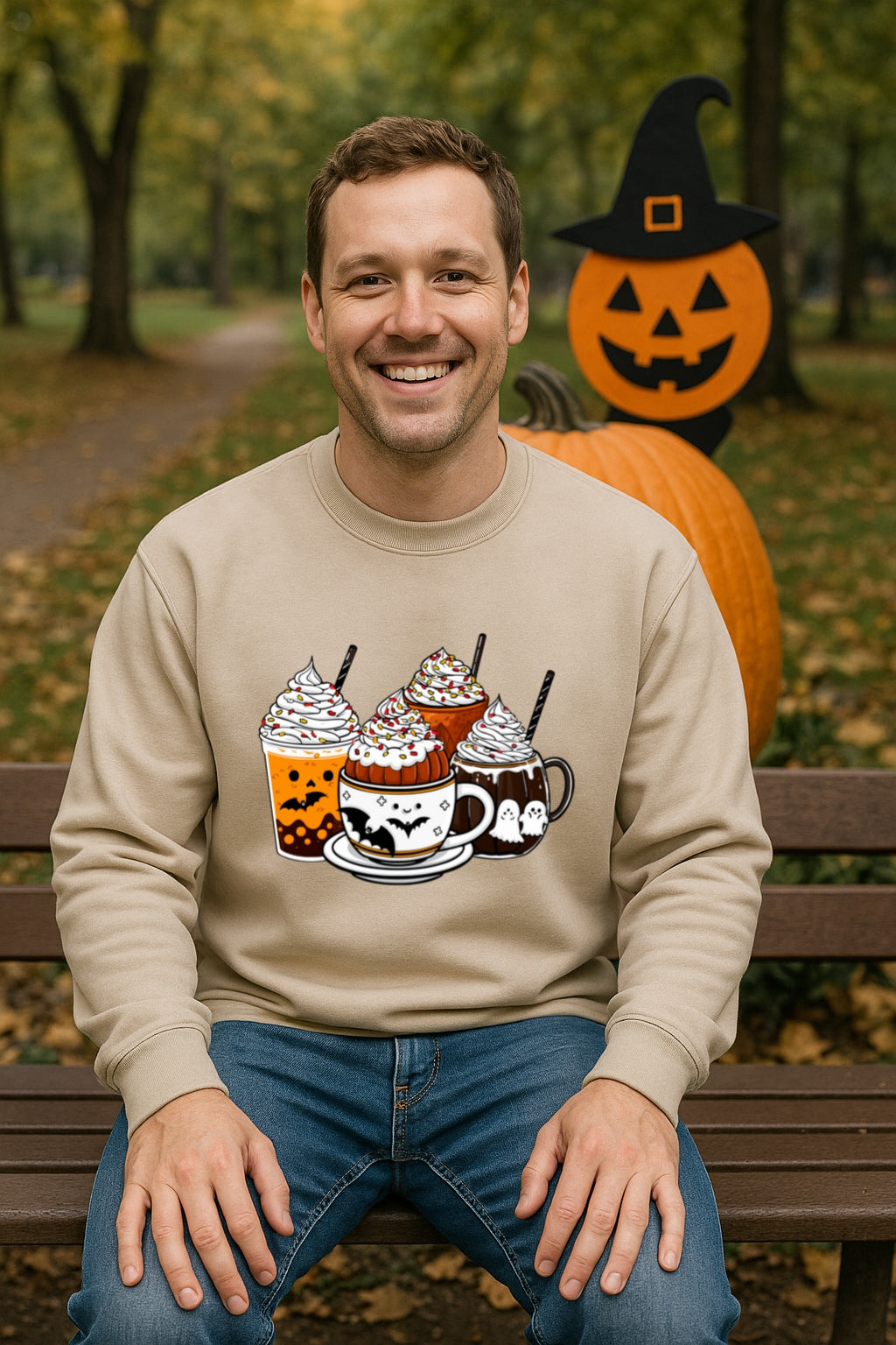 Cute Spooky Halloween Coffee Sweatshirt - Ghost Cocoa, Pumpkin Latte & Bat Mug - Cozy Fall Gildan 18000 Crewneck, Pumpkin Spice Sweater,
