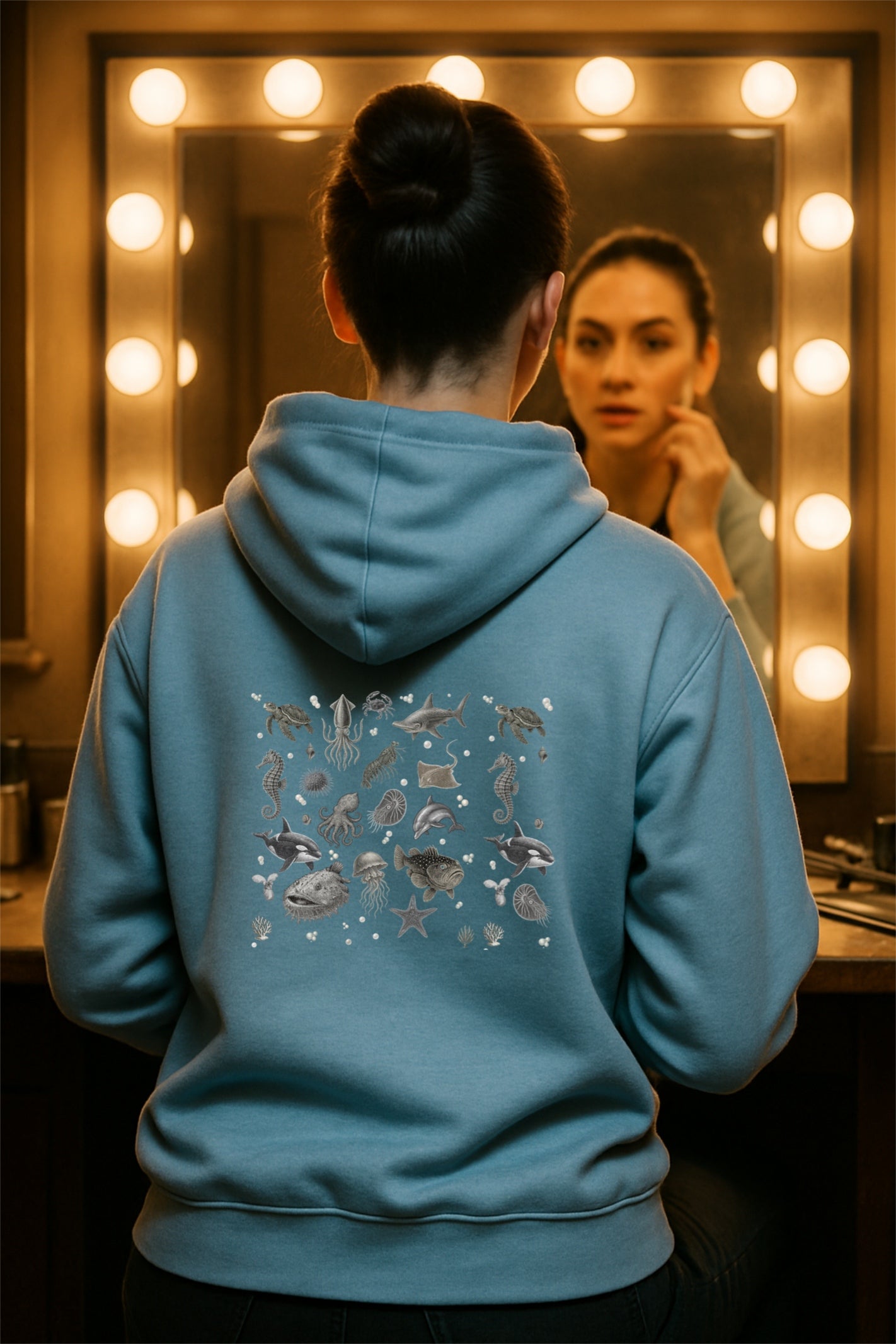 Ocean Creatures Hoodie-Marine Life Sea Animal Sweatshirt-Vintage Sea Turtle, Dolphin, Octopus - Art - Unisex Gildan 18500 Pullover Hoodie