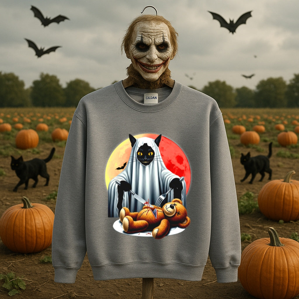 Haunted Black Cat and Teddy Bear Halloween Sweatshirt - Spooky Horror Graphic Pullover - Gildan Unisex - Creepy Gothic Fashion Apparel,