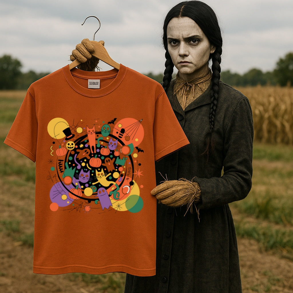 Colorful Halloween Cats and Ghosts Party T-Shirt -Fun Abstract Spooky Tee for Cat Lovers & Halloween Fans, Halloween Shirt, Fun Halloween