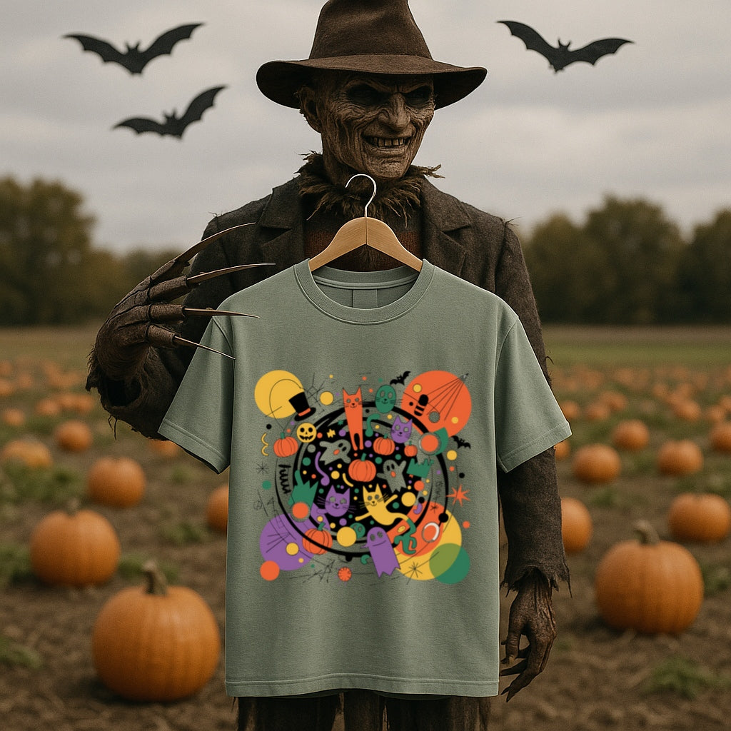 Colorful Halloween Cats and Ghosts Party T-Shirt -Fun Abstract Spooky Tee for Cat Lovers & Halloween Fans, Halloween Shirt, Fun Halloween