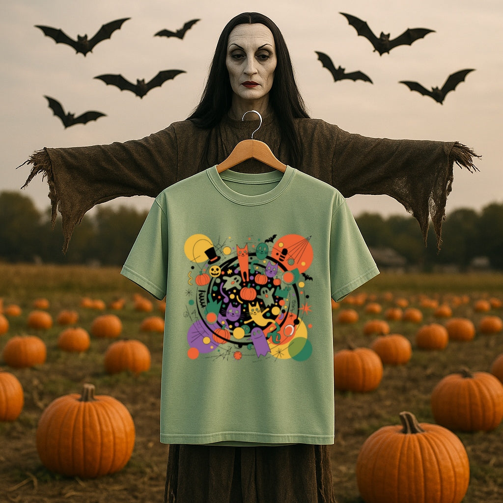 Colorful Halloween Cats and Ghosts Party T-Shirt -Fun Abstract Spooky Tee for Cat Lovers & Halloween Fans, Halloween Shirt, Fun Halloween