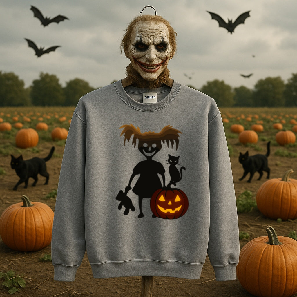 Creepy Cute Girl Halloween Sweatshirt -Spooky Pumpkin Graphic - Cozy Unisex Crewneck, Black Cat Sweater, Goth Girl Halloween Shirt