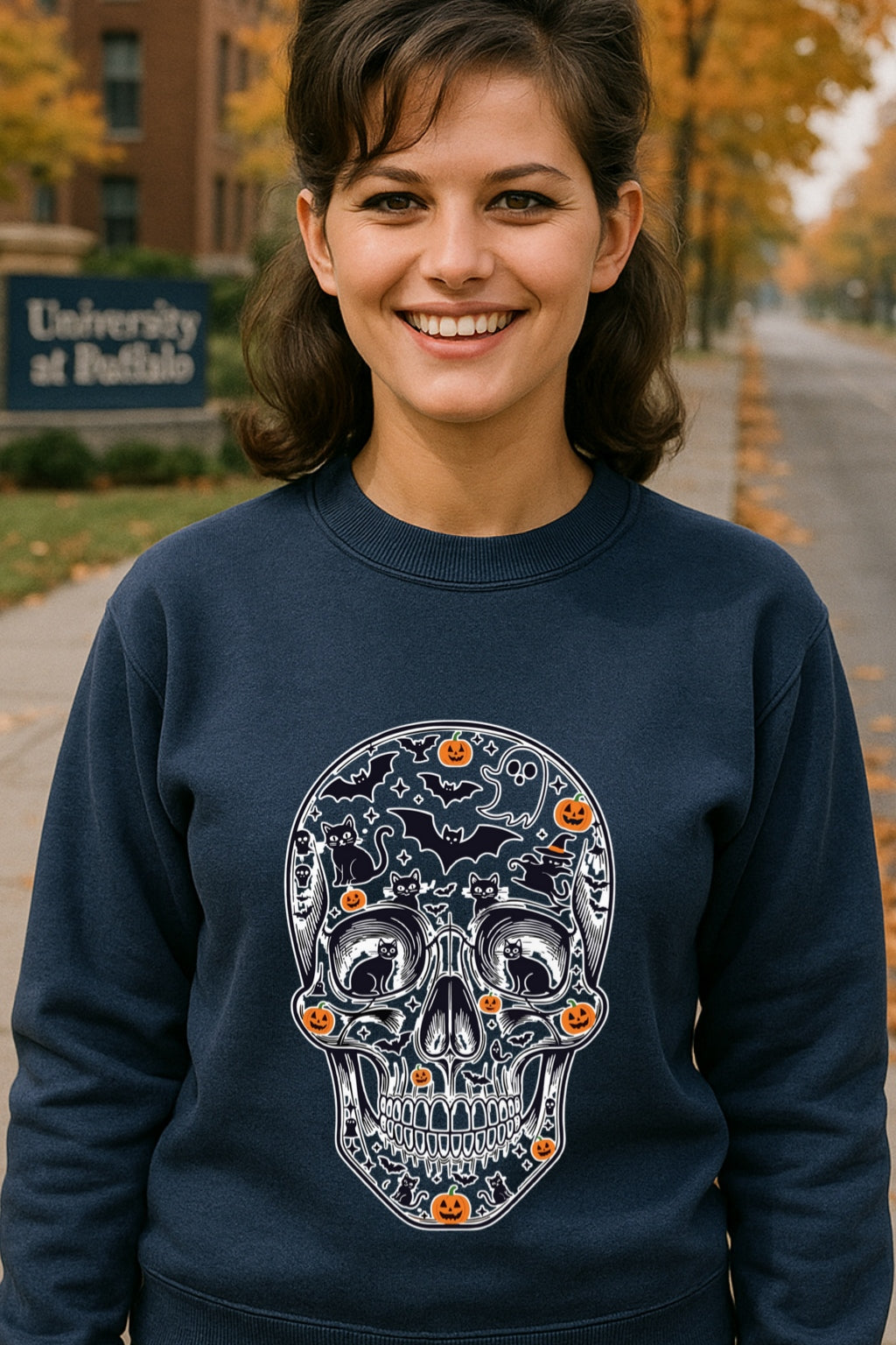 Sugar Skull Halloween Hoodie | Spooky Bats & Pumpkins Sweatshirt, Dia de los Muertos, Unisex POD Gildan 18000