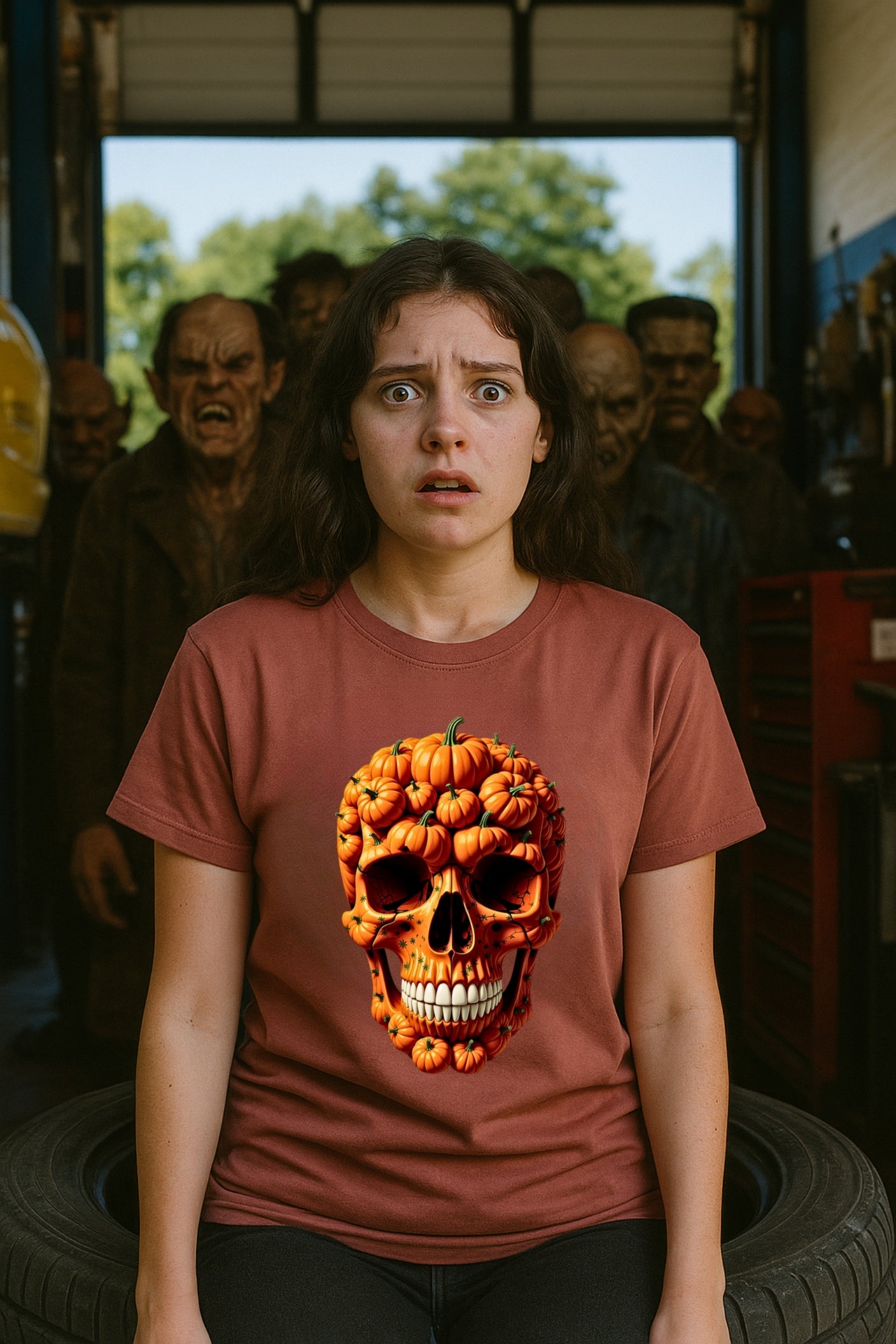 Pumpkin Skull Halloween T-Shirt -Spooky Orange Graphic Comfort Colors 1717 Unisex Tee