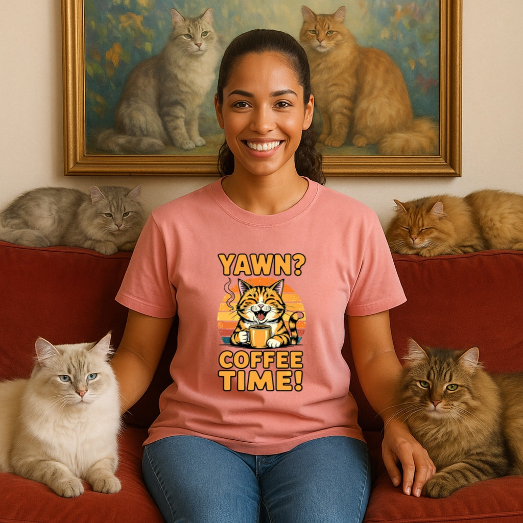 Yawn Coffee Time Cat Tee | Funny Retro Sunset Unisex T-Shirt, Cat Dad/Mom Gift, Comfort Colors 1717, Fall Coffee Shirt, Orange Cat Tee
