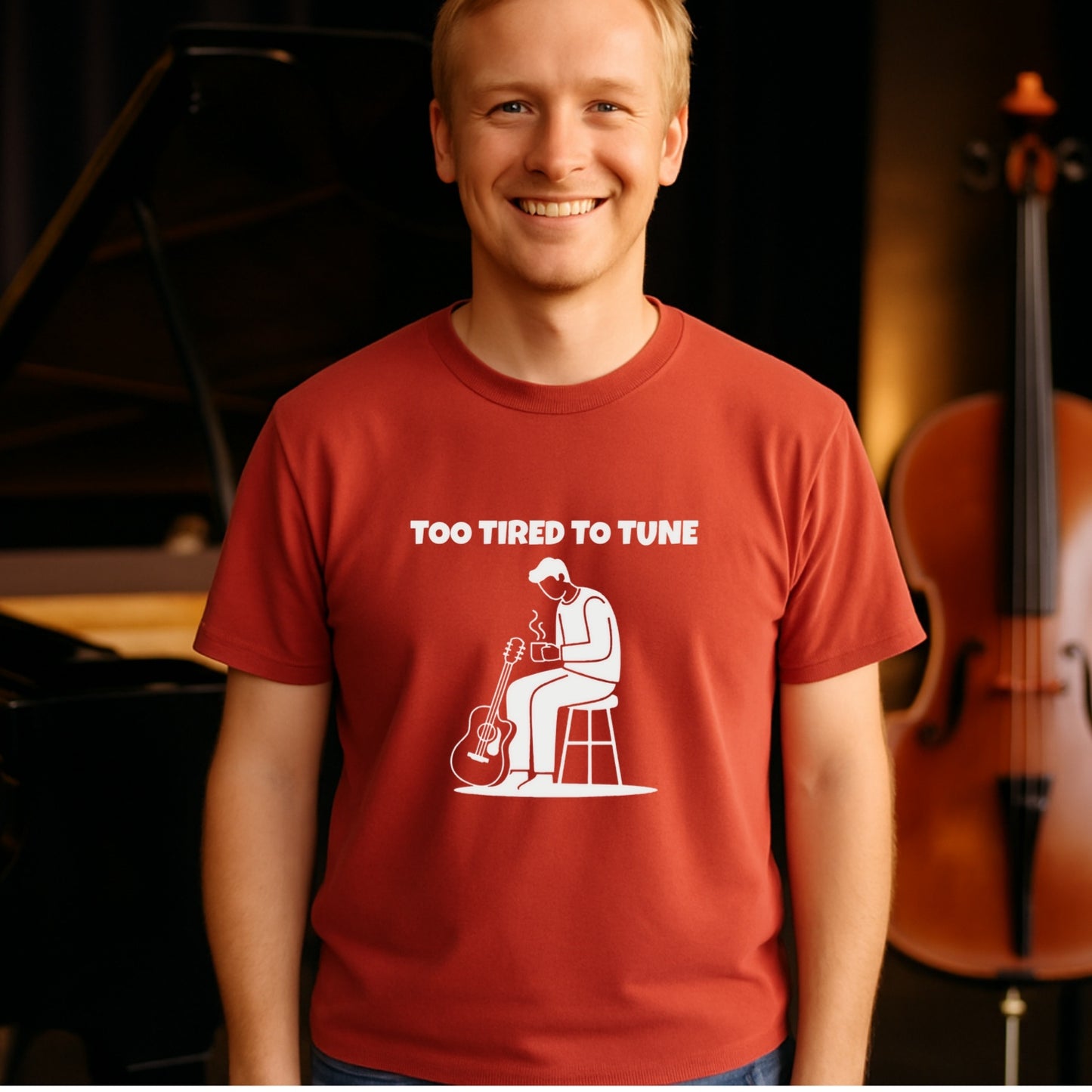 Too Tired To Tune Unisex T-shirt | Funny Musician Coffee Cup Shirt | Lazy Guitarist Tee | Oddly Boldly Original, Musician Gift, Guitar