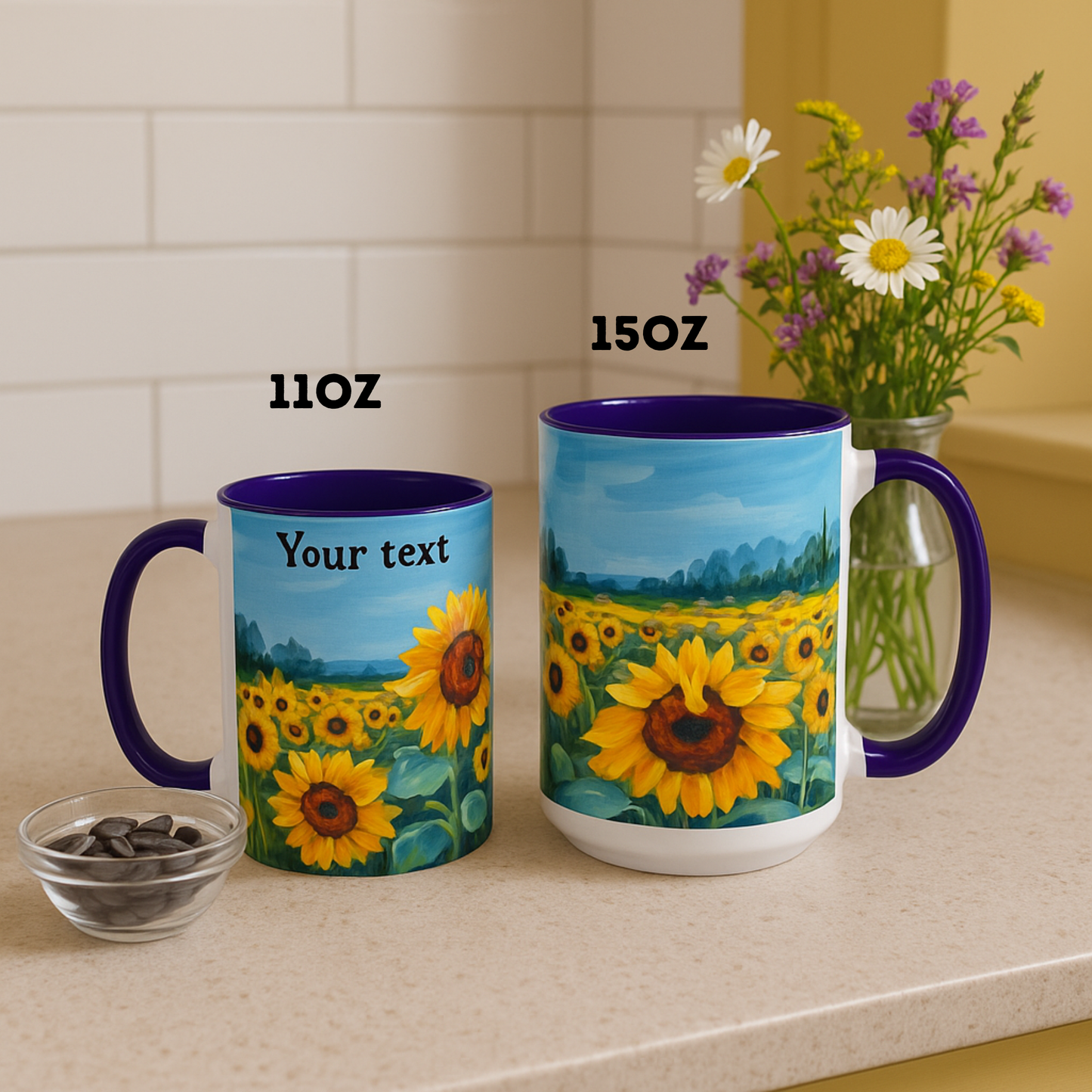 Personalized Mug With Sunflower Field , Custom Name Coffee Cup, Gift for Art, Nature Lovers