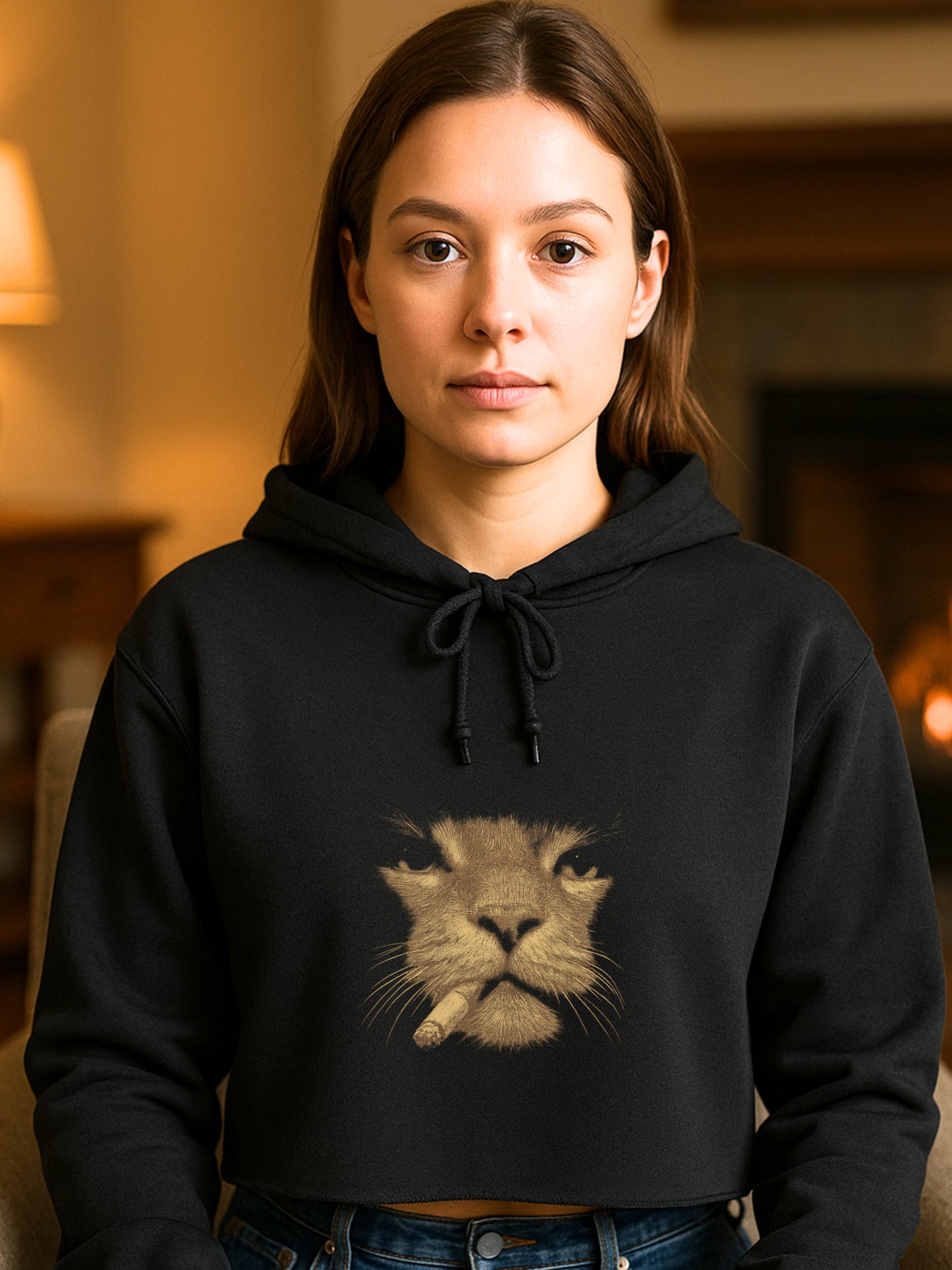 Smoking Cat Black Crop Hoodie - Streetwear LS12000 Cropped Sweatshirt, Aesthetic Graphic