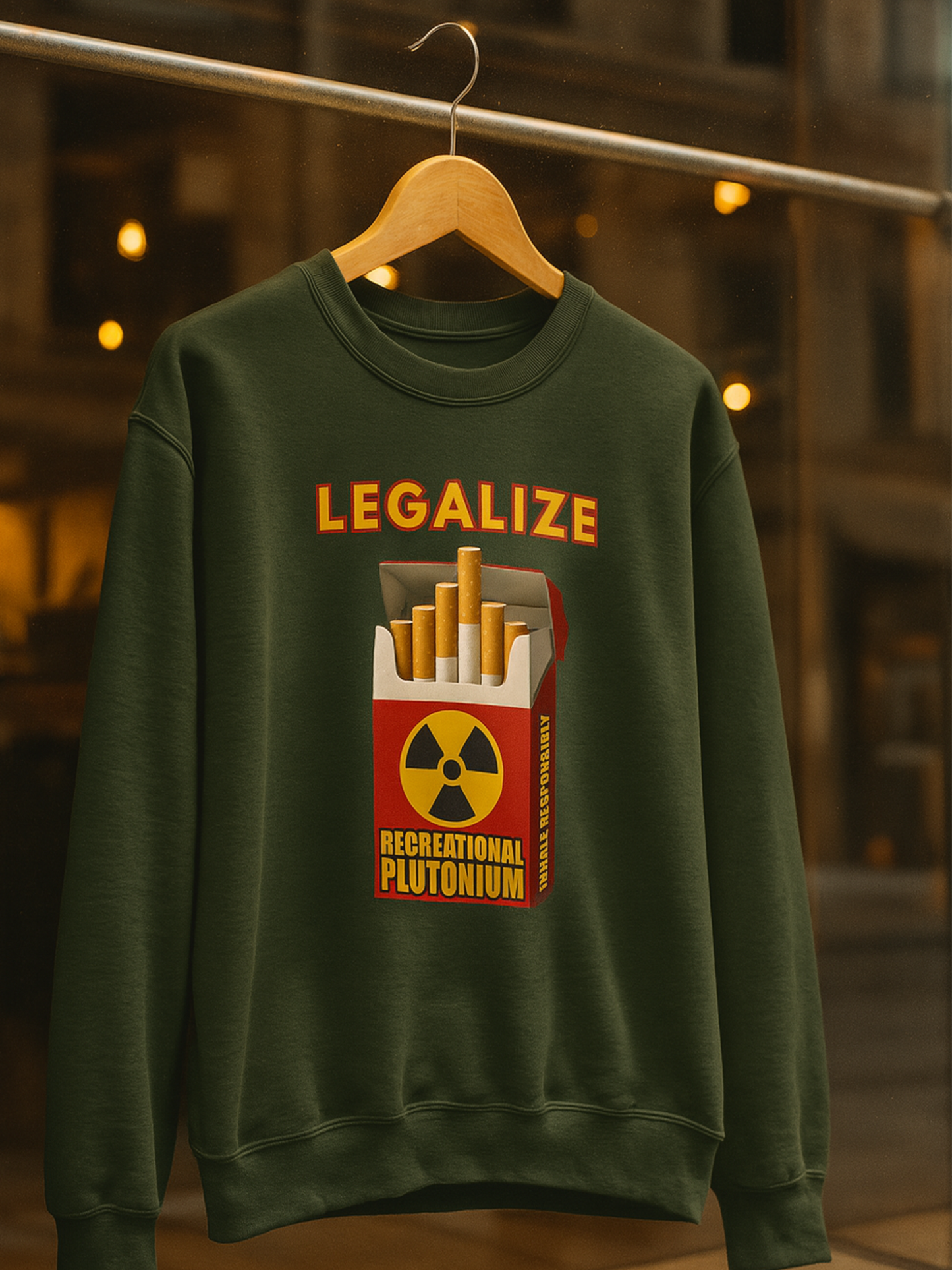 Legalize Recreational Plutonium Sweatshirt | Dark Humor Nuclear Parody Crewneck