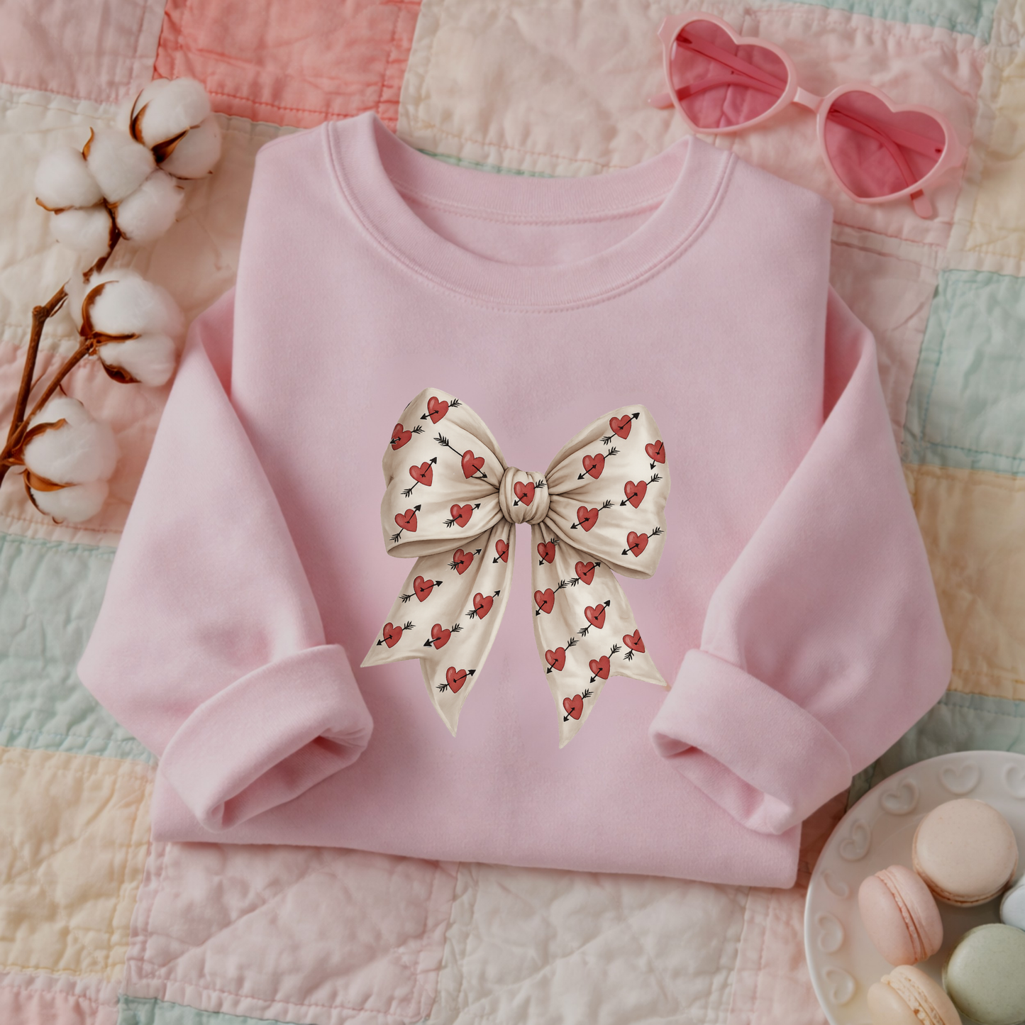 Valentines Day Bow Sweatshirt, Heart and Arrow Ribbon Design, Cute Romantic Gift for Her