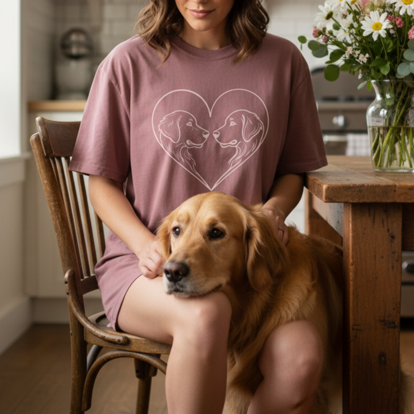 Dog Heart Shirt Valentine Gift Dog Mom Line Art Minimal Love Design Garment-Dyed Tee
