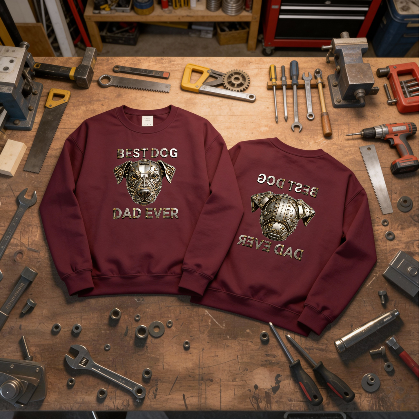 Best Dog Dad Ever Shirt, Industrial Metal Face, Double Sided Heavy Blend™ Crewneck Sweatshirt