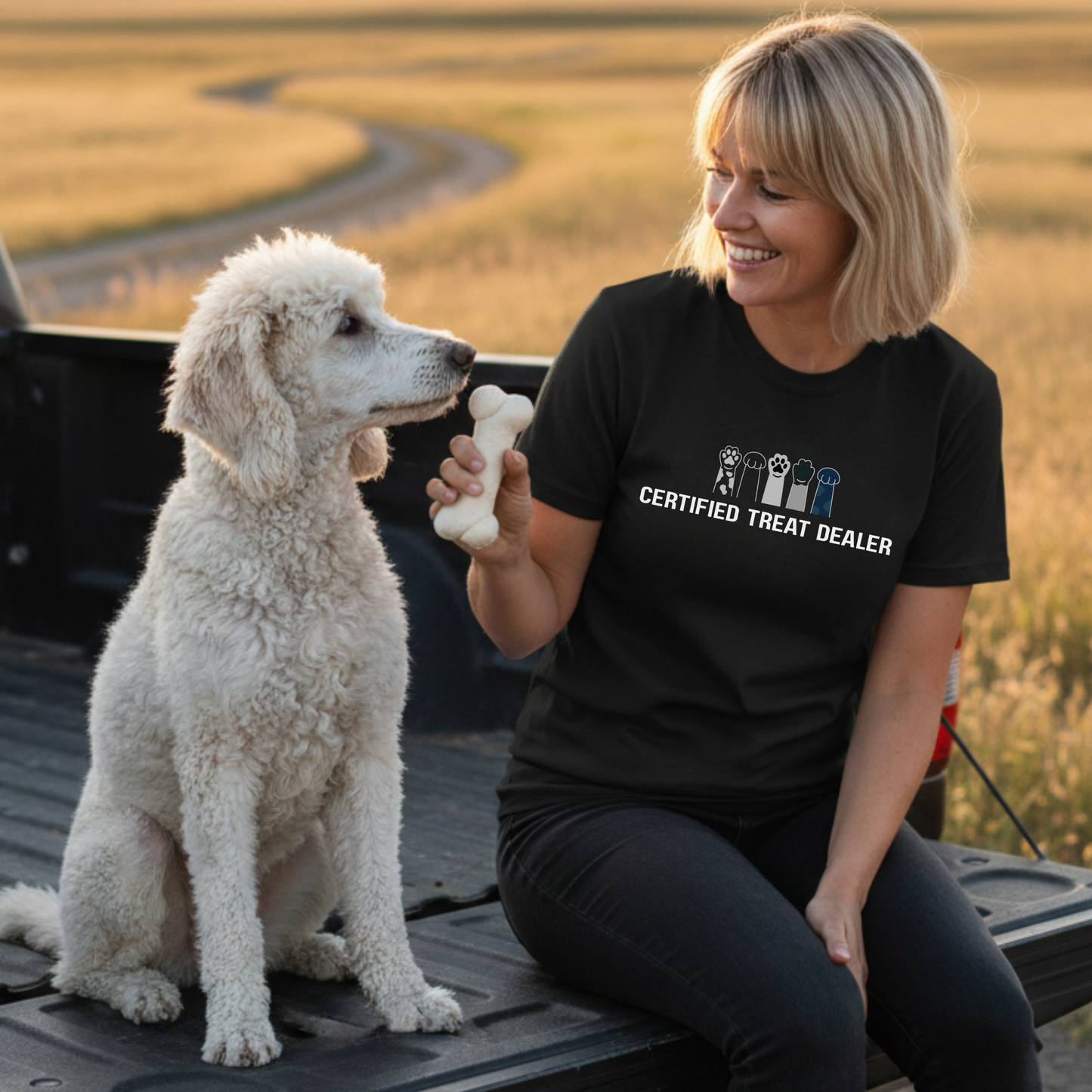 Certified Treat Dealer, Dog T-Shirt | Funny Paw Graphic Unisex Garment Dyed Tee