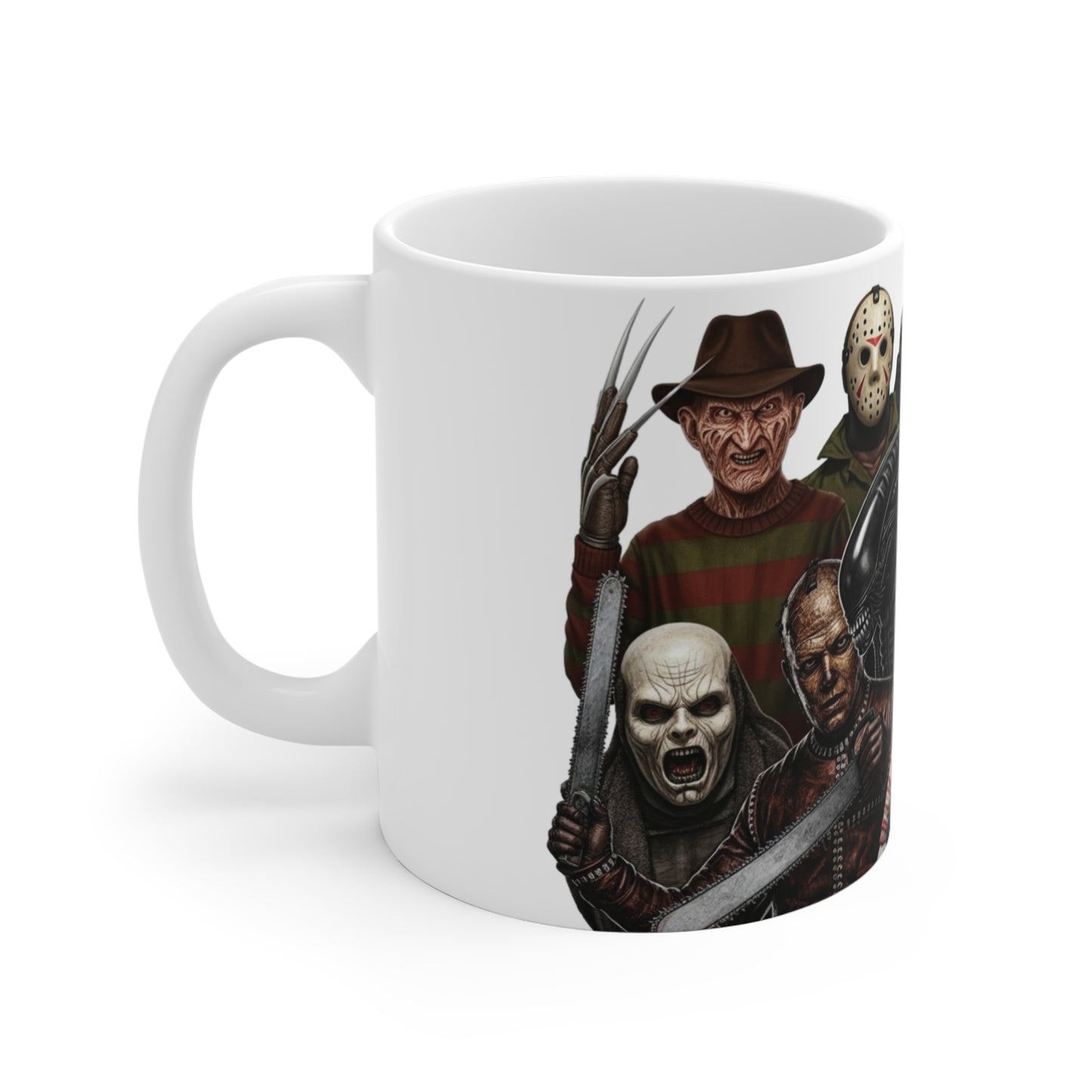 Horror Legends Mug - Freddy, Jason, Michael Myers, Chucky | 11oz Ceramic Cup for Horror Fans, Halloween Gift, Spooky Coffee Mug, Slasher