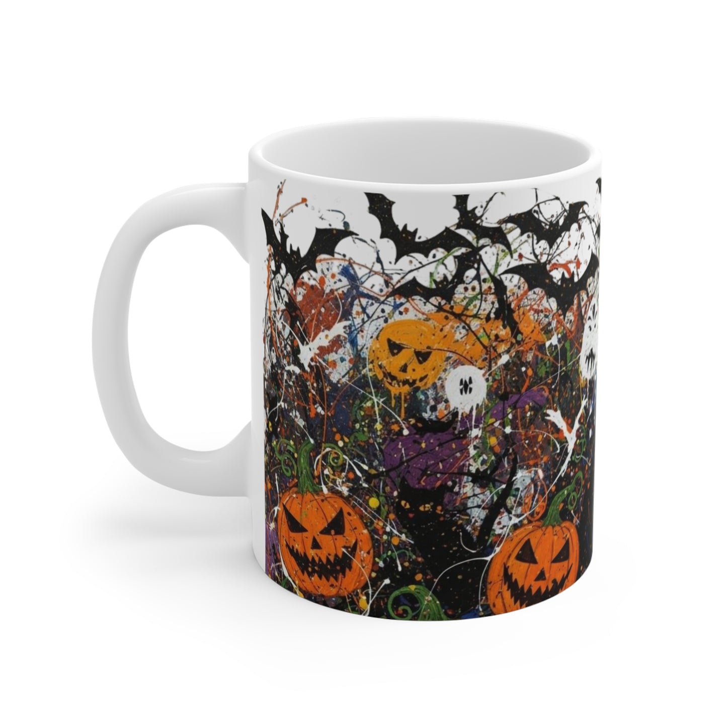 Halloween Mug, Spooky Coffee Cup, Horror Art Gift, 11oz Ceramic Mug with Pumpkins, Ghosts & Bats, Creepy Halloween Decor