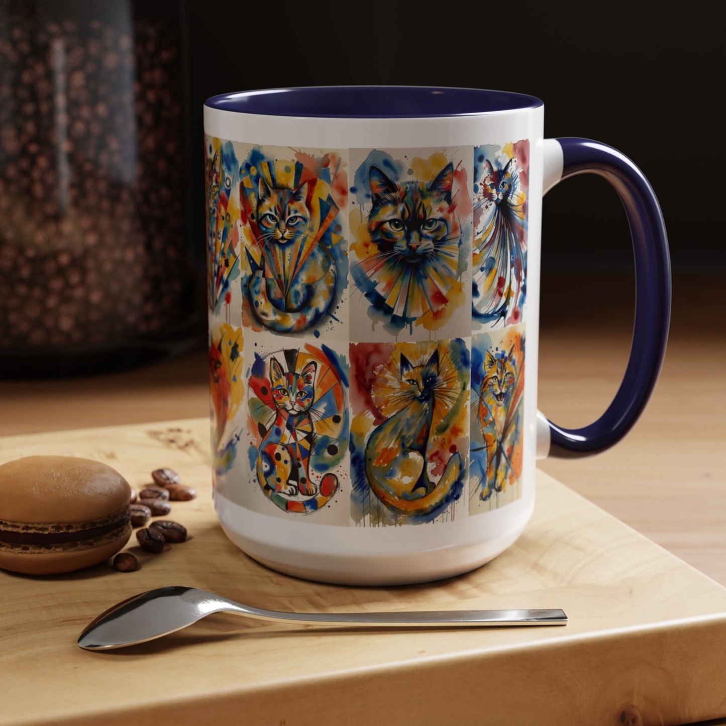 Abstract Colorful Cat Art Mug | Cat Lovers Gift - Collector Ceramic Mug, Navy or Black Handle 15oz