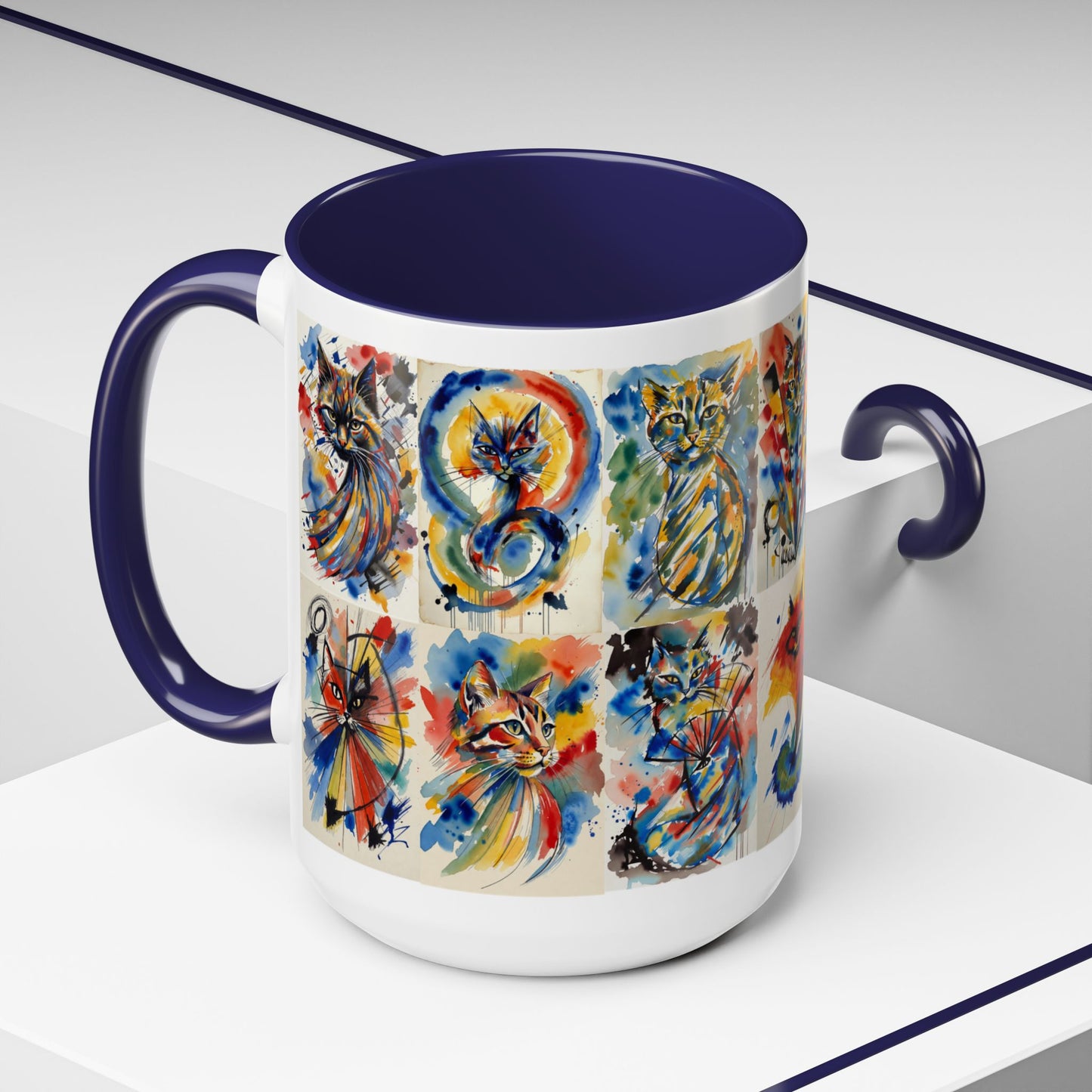 Abstract Colorful Cat Art Mug | Cat Lovers Gift - Collector Ceramic Mug, Navy or Black Handle 15oz