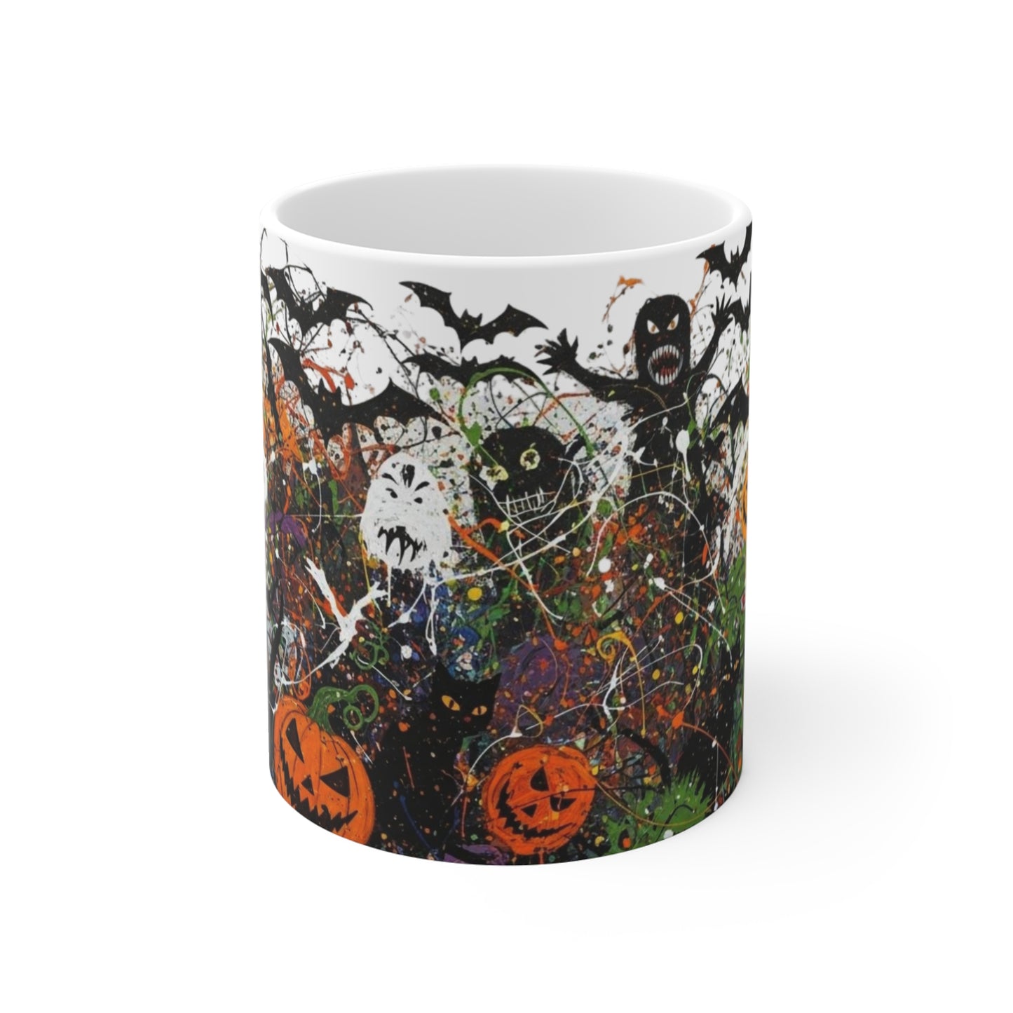 Halloween Mug, Spooky Coffee Cup, Horror Art Gift, 11oz Ceramic Mug with Pumpkins, Ghosts & Bats, Creepy Halloween Decor
