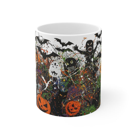 Halloween Mug, Spooky Coffee Cup, Horror Art Gift, 11oz Ceramic Mug with Pumpkins, Ghosts & Bats, Creepy Halloween Decor