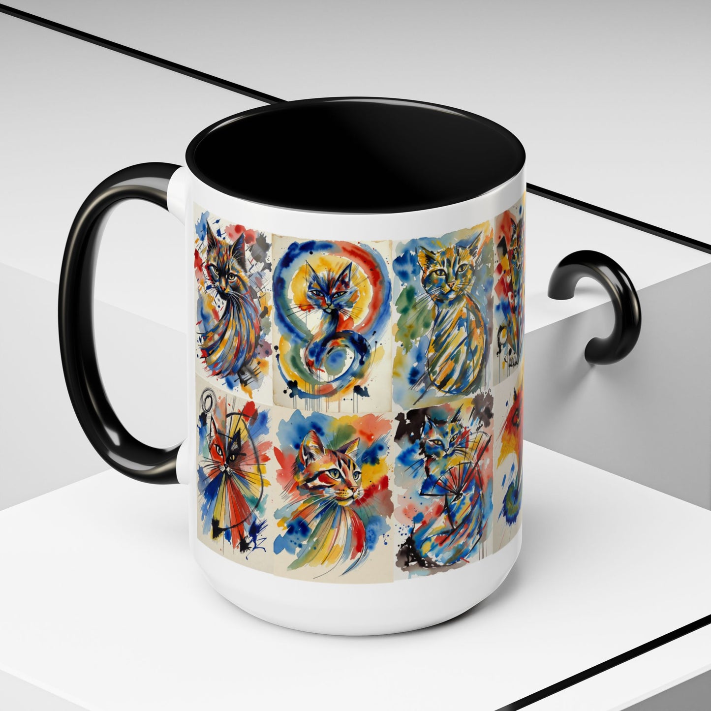 Abstract Colorful Cat Art Mug | Cat Lovers Gift - Collector Ceramic Mug, Navy or Black Handle 15oz