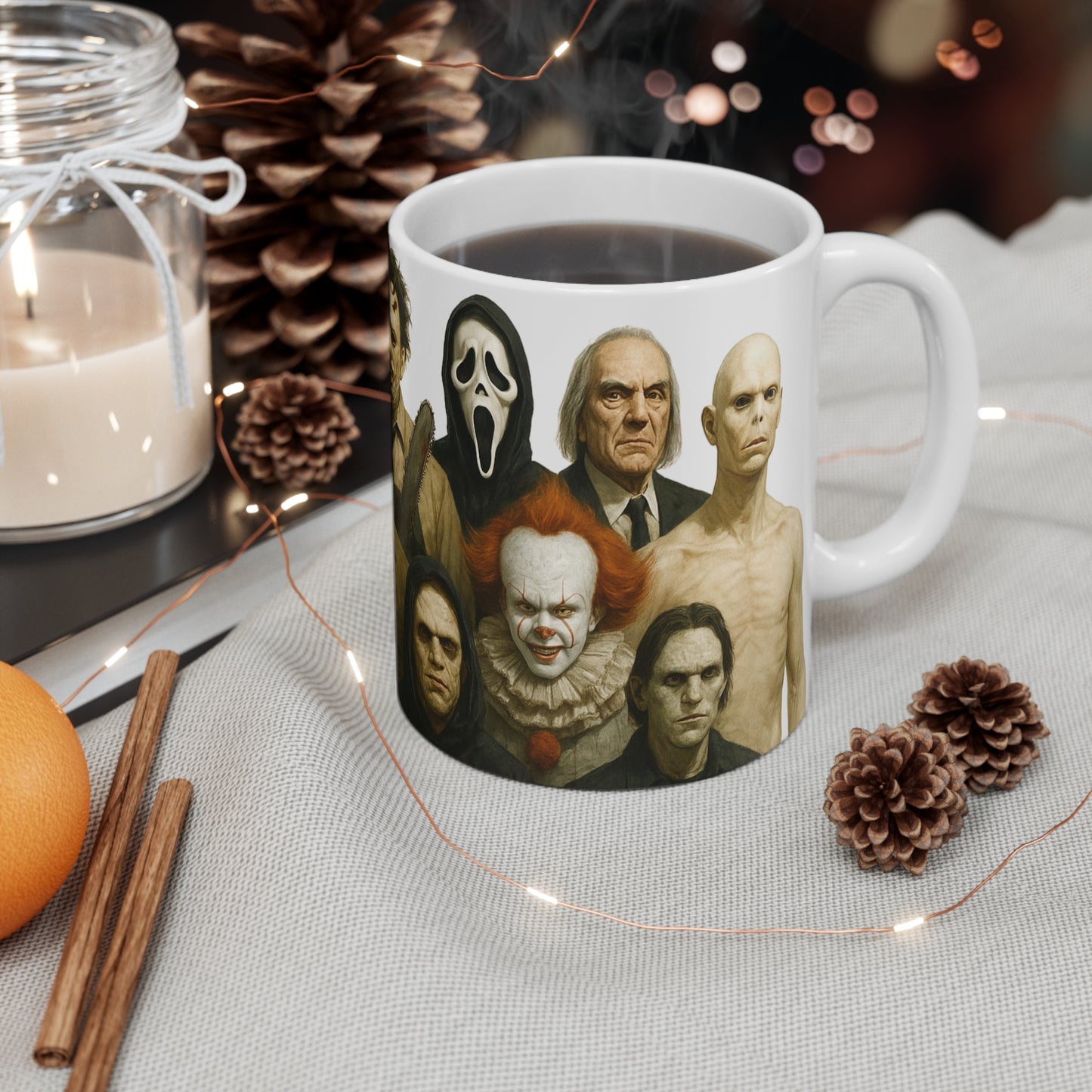 Horror Icons Mug, Freddy Jason Chucky Pennywise Michael Myers Ghostface 11oz White Ceramic Halloween Cup