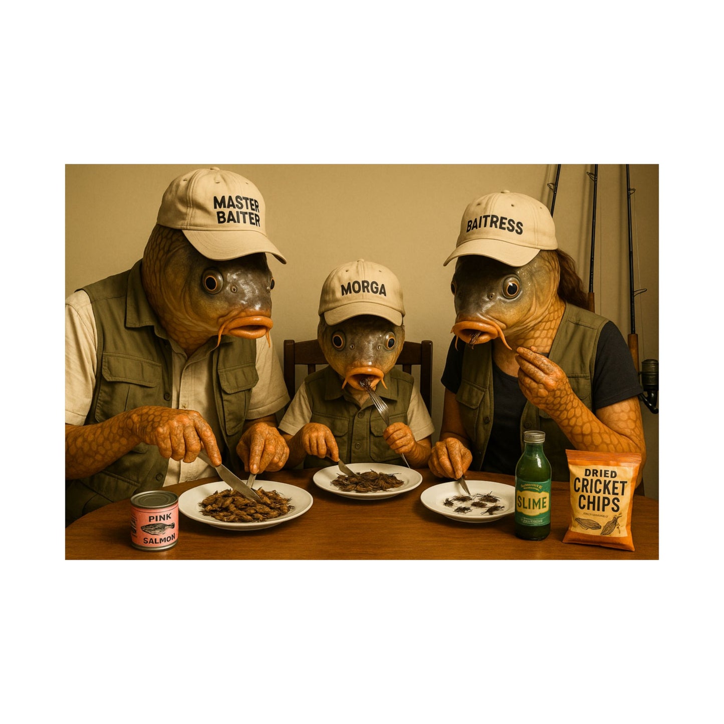 Fish- Posters for Home Decor,  Wall Art-Fishing Gifts,  Fish Head Family Dinner Poster - Weird Humor Art Print - Surreal Fishing Humor