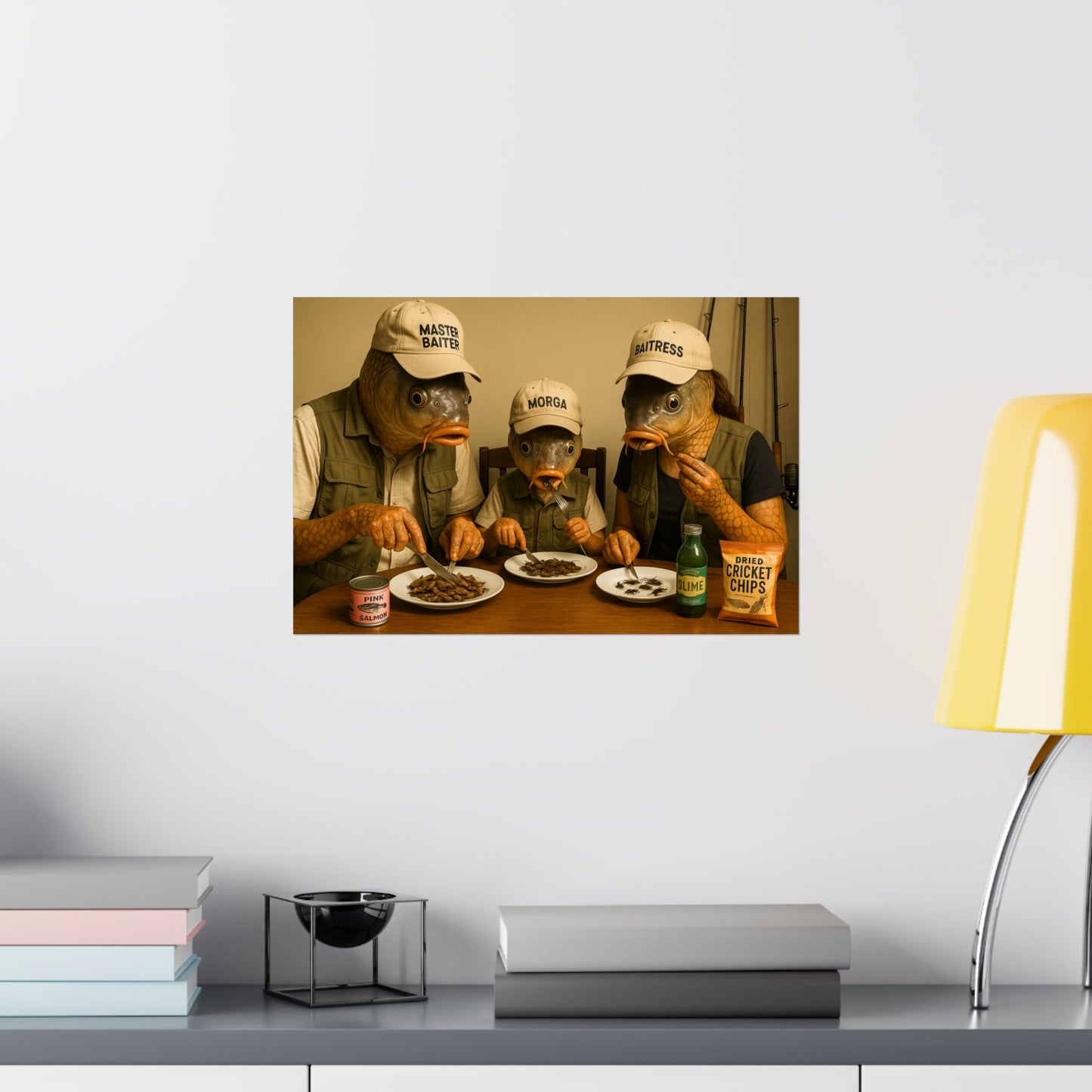 Fish- Posters for Home Decor,  Wall Art-Fishing Gifts,  Fish Head Family Dinner Poster - Weird Humor Art Print - Surreal Fishing Humor