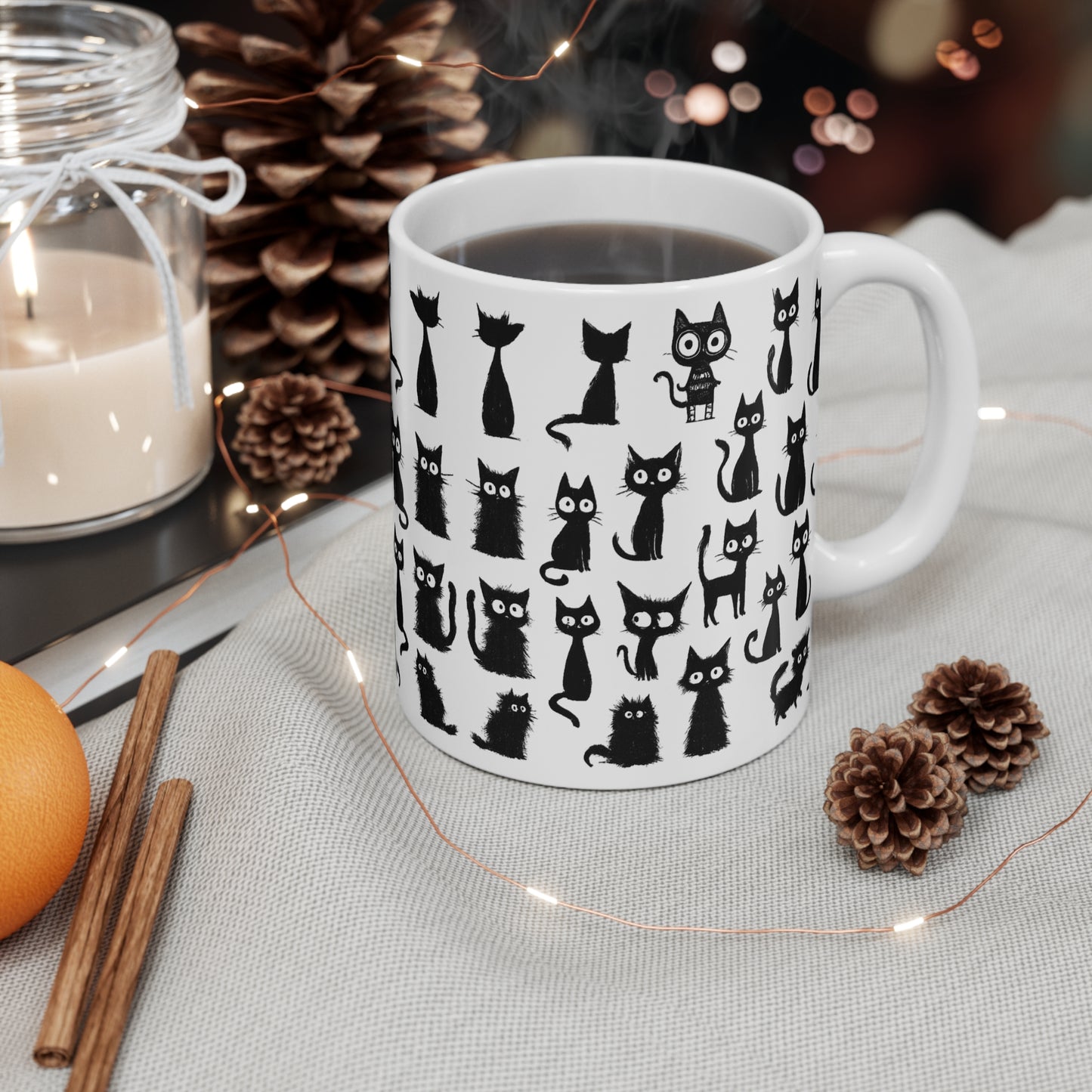 Black Cat Doodle Mug - Funny Hand Drawn Cats Cup - Cute Goth Coffee Mug for Cat Lovers